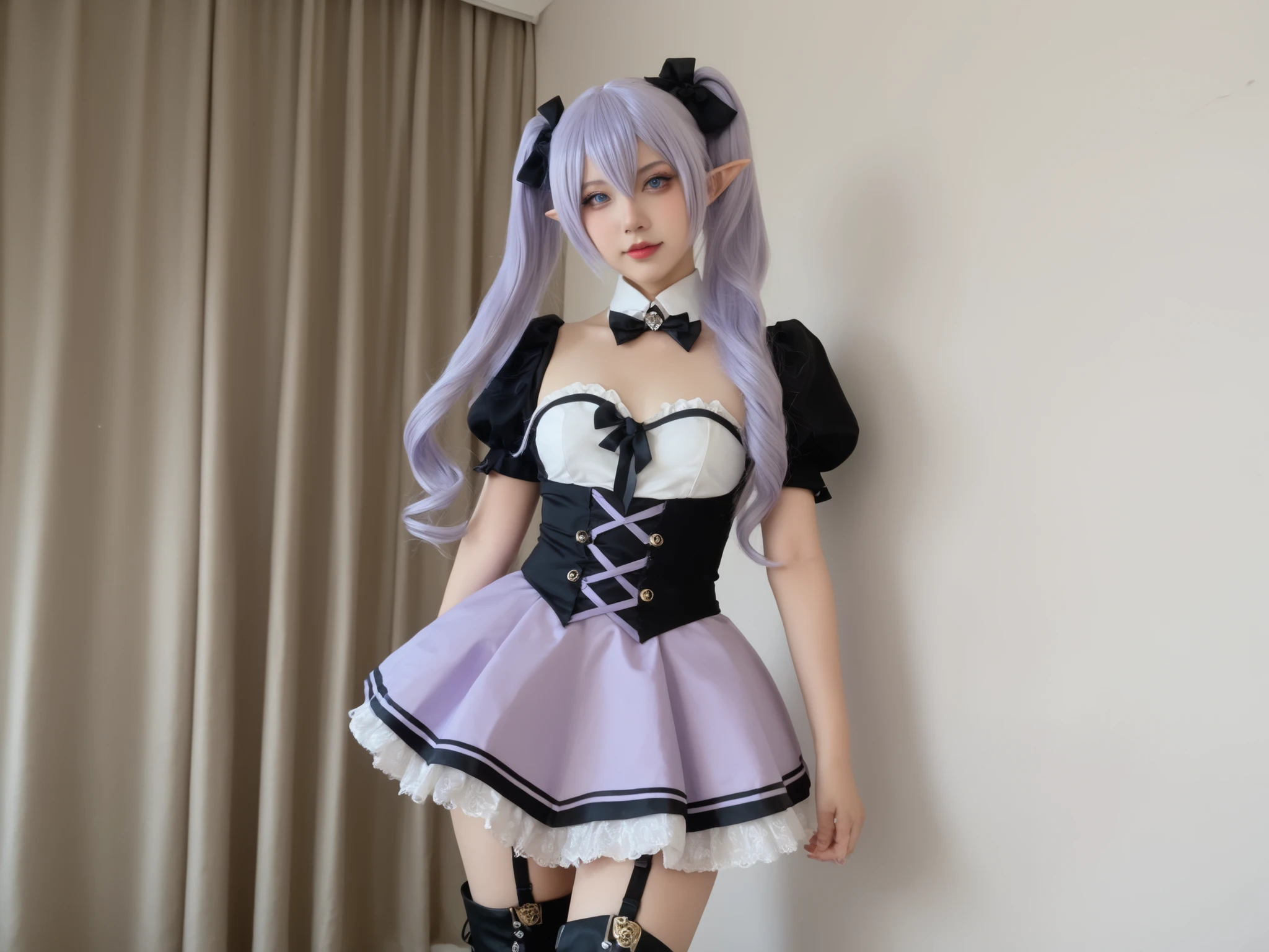 garota meiga, nagomis1_cnr, 1girl, light purple hair, hair between eyes, blue eyes, small breasts, long hair, twintails, elf girl, ela está totalmente pelada, mostrando as tetas e a buceta, seios pequenos, mamilos rosados, puffy sleeves, garter straps, black thighhighs, thigh boots, ela está de pé olhando de forma meiga, ela está de pé no corredor de uma biblioteca com as mãos na cintura, pele real, textura da pele,traços faciais detalhados, sardas,Ance, conteúdo adulto, ela está com a roupa abaixada mostrando os seios, seios totalmente expostos, mamilos rosados