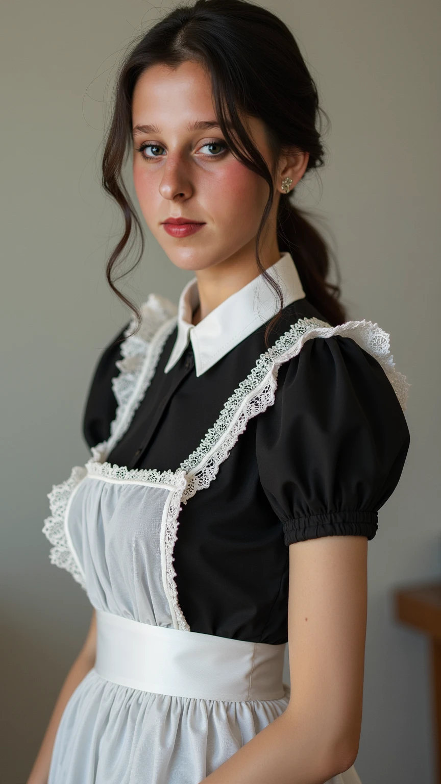 (masterpiece),((ultra-detailed)), (highly detailed CG illustration),(expressionless), (best quality:1.2),realistic8K UHD, High definition,(1girl:1.2),High quality texture, intricate details, detailed texture, finely detailed, high detail, High quality shadow, a realistic representation of the face, Detailed beautiful delicate face, Detailed beautiful delicate eyes, brown eye pupil, a face of perfect proportion, Depth of field, Cinematic Light, Ray tracing,perspective,20s, tall girl,blush,glossy lips, perfect body, lean body, Particles of Light, medium breast, distinct_image, high_resolution, (lustrous skin), solo focus, (brown hair), (finely detailed beautiful eyes and detailed face),(detailed face), (streaked hair), light source contrast, (black hair:1.5), ((black thighhighs)), high heel shoes, ((maid:1.5)), living room
