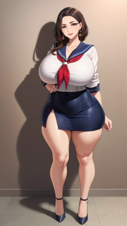 huge breasts, big hips, sailor suit, mini skirt, full body shot, Mature mother, Whipping the lower body, plump thighs, calf, bewitching mature woman, perfect body, plus size model,