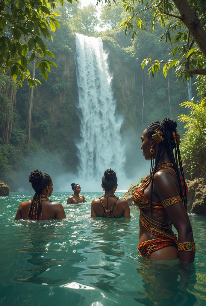 Wild tribe of African nude girls,swimming in the sea,best work,dynamic movement,body aesthetics,high detail,sea beach,waterfall
