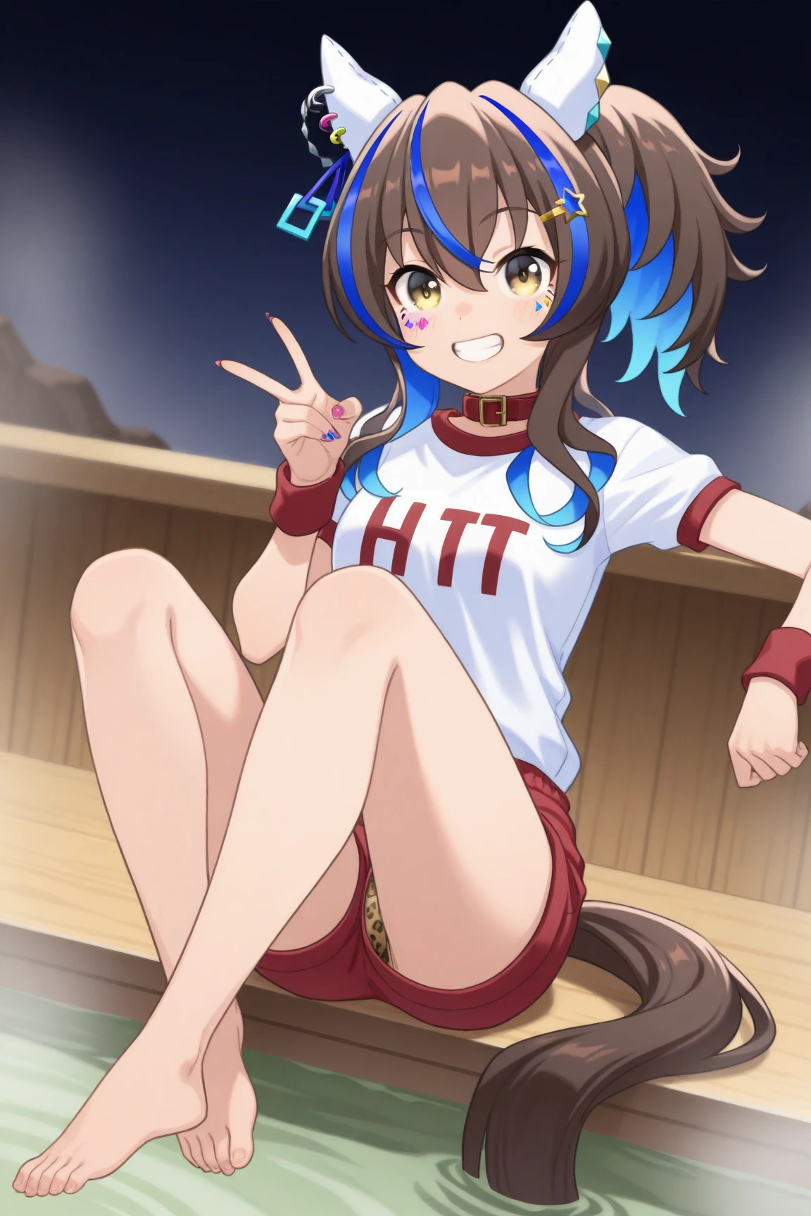 android, beautiful robot makes hard masturbation, she gets orgasms. Her short pigtails, brown hair, Hair tie with two big red clothespins, big smile, brown hair, middle age, joint seam, blue eyes, full body figure, Height: 160cm, She wears only Light beige micro mini pantie, fluttering skirt, skirt folds, white retro swimwear, Uplifting, 2020s anime style, 21thcentury japan animation, show White pantie, strong wind is blowing.