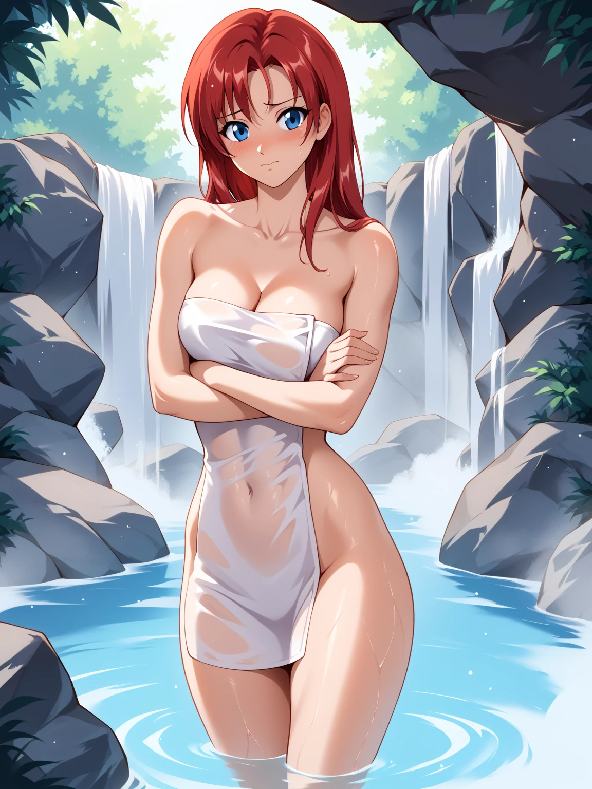 woman washing her body、Solo,Red hair、((long ponytail:1.5))、naked 、big breasts、green eyes、seductive smile、((Enter the waterfall basin))、get wet、splash of water 、((shower with waterfall water)),back view