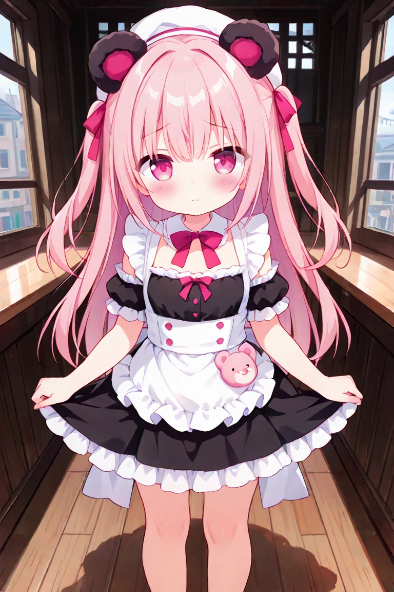 Girl in black white gothic lolita with stockings pink hair red eyes Short skirt with small breasts show pink In room Great quality 2k masterpiece