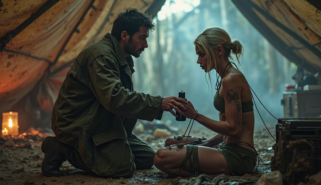 shabby Scavengers couple wearing a dust-covered utility jacket, faded black tank top, cargo pants with patchwork repairs, sturdy scuffed combat boots, fingerless gloves, multipurpose scarf. inside of a fallout shelter, bunker, bomb shelter