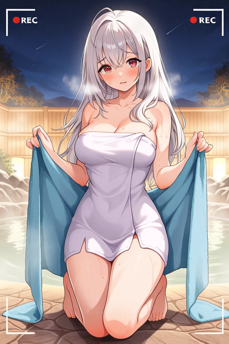 ((masterpiece)), ((best quality)), (ultra-detailed), ((extremely detailed)), 4K, (8K), best quality, (beautiful), a pretty woman, solo, beautiful light brown hair, beautiful green eyes, ((beautiful eyes)), triumphant look, smug look, self-satisfied look ,Masterpiece、White dress、Highest quality、Bunny ears、Tanned woman with big 、light brown hair color, forehead  Long curlyWavy Hair、White shirt、Black Bra、Black panties、Hot spring inn、a bright moon shines over beautiful scenery of garden and river in night time, moon, architecture, tree, east asian architecture, full moon, scenery, night, cloud, sky、Lots of rabbits 