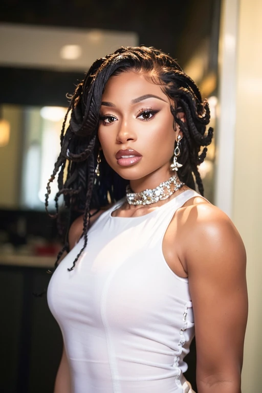 Black woman with braids with her body on her side looking at the camera with small eyes with the face diagonally.