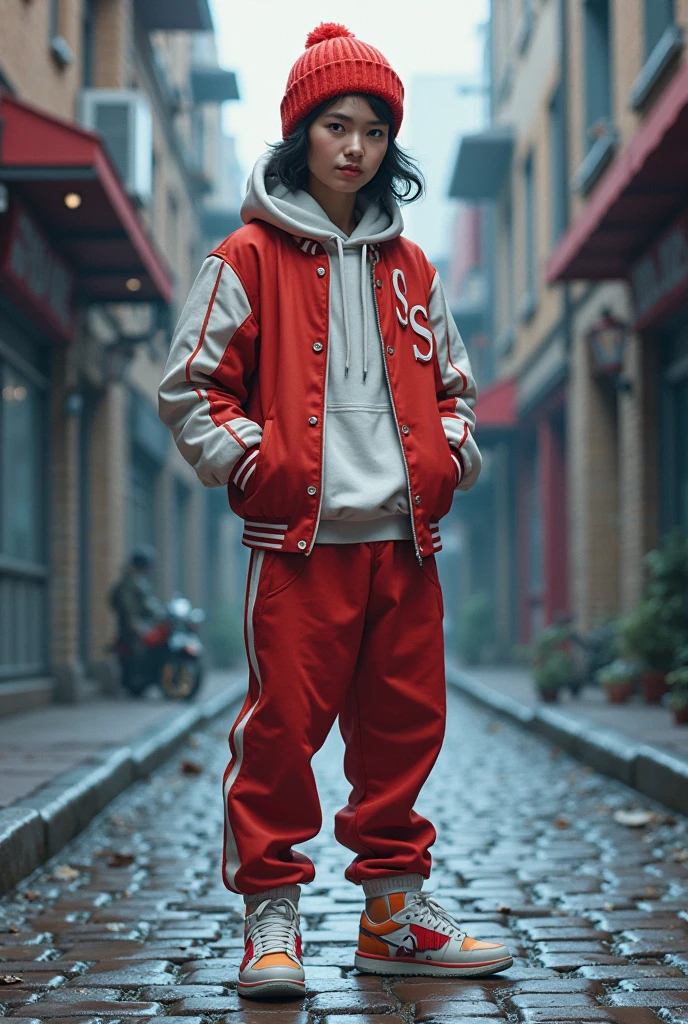 The metropolis of the future.A cute and charming oriental child,Wear headphones,Short curly hair,Wearing a red and white combat uniform,Wearing a combat coat,Holding a high-tech pistol,in the ruined city