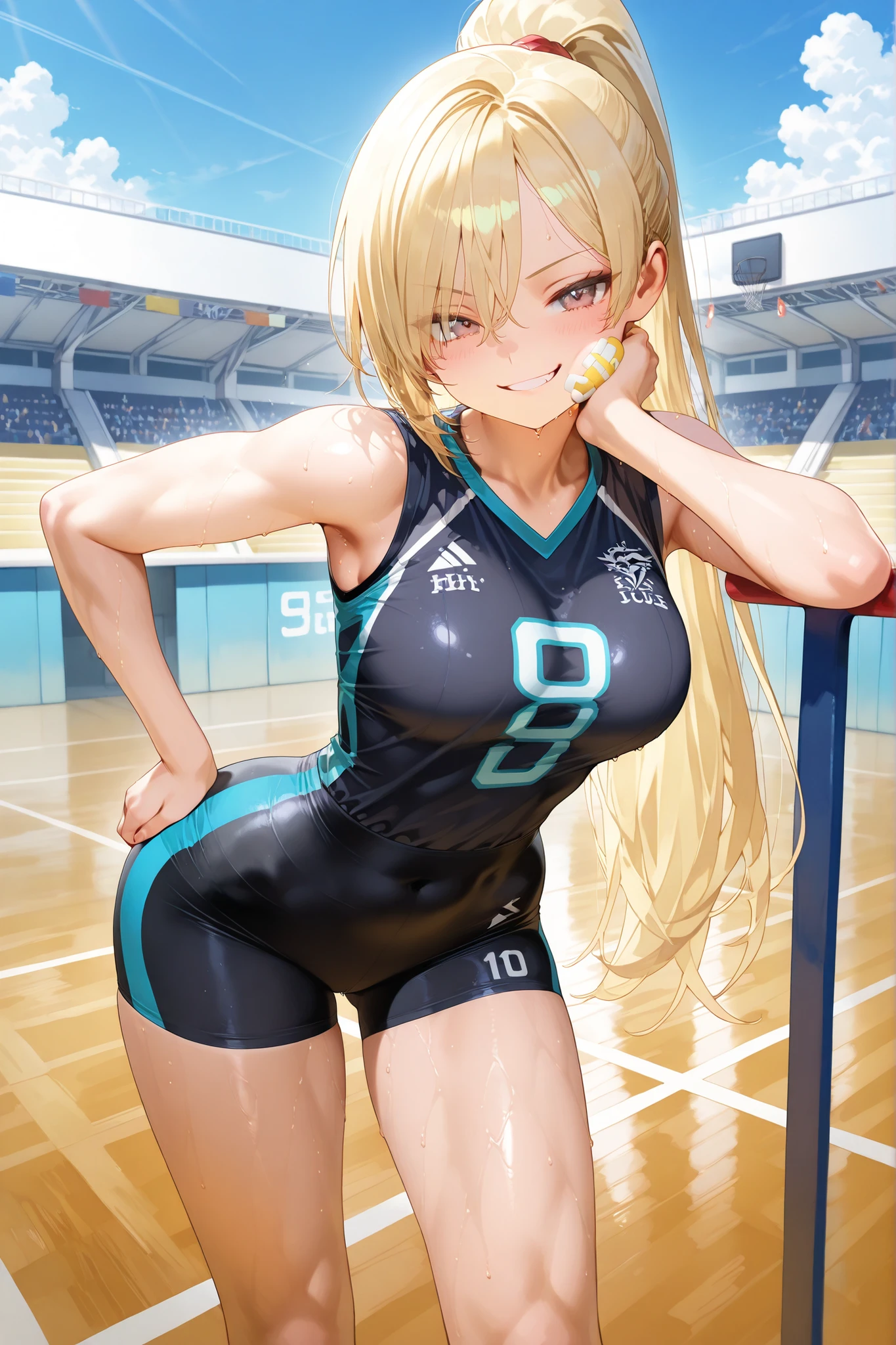 (masterpiece:1.2, Highest quality), (Realistic, photoRealistic:1.4), Beautiful illustrations, (Natural Side Lighting, Cinema Lighting), avert your eyes, (Cowboy Shot), 2 women, Grid Girls, 40 years old, (((Mature Woman))), (Beautiful anime faces), Japanese, Perfect Face, Perfect Anatomy, Symmetrical cute face, Glowing Skin, Blunt bangs, (Intense glowing purple eyes:1.3), ((Blonde)), Beautiful Hair, Beautiful Face, Beautiful clavicle, Beautiful body, Beautiful breasts, Beautiful thighs, Beautiful legs, Beautiful fingers, (Perfect Face, Perfect Anatomy), (Two legs, Five Fingers), ((Grid Girls, Racing Suits, Race Queen Costume:1.3. Purple and black bodysuit with sponsor logos:1.3, Shiny arm covers:1.3, Shiny knee-high boots:1.3)), (Beautiful views), Written boundary depth,((Tall Woman), (Slim figure), (small breasts directed upwards)), (masterpiece:1.4), (Highest quality:1.4), Realistic, 1 girl, (Pull your arms back, Leaning forward), (masterpiece, Premium Quality: 1.2), ((A face that is frightened)), ((Spread your legs, Spread your legs)), ((Chain around neck)), Spread your legs, M-shaped Spread your legs, Spread your legs, Spread your legs, ((Open your thighs)), masterpiece, Highest quality, Ultra-precision, really beautiful, Highest quality, High resolution,Anatomically correct hand, View from below, (Silicone Skin)