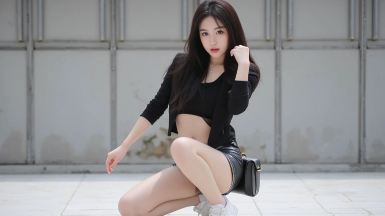 (Best Quality, 8k, Masterpiece: 1.3), 1 Girl, Smile, Pretty Japanese girl, Mini Skirt, Ultra Detailed Face, Detailed Eyes, Double Eyelids, city street, (Big breasts:1.2), Long Black Hair, T-shirt, good thigh, beautiful legs, from below, (panties), beautiful sky, looking at viewer, (ibalance standing_split, standing_on_one_leg, leg_up Holding leg:1.5)