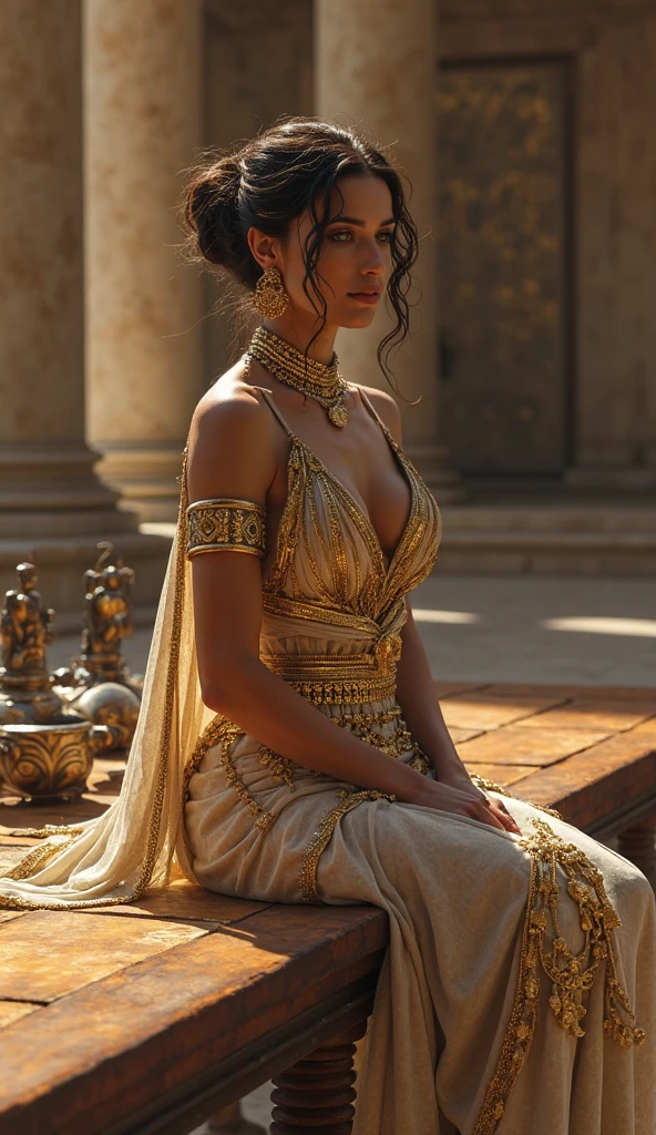 A Burmese ancient girl in traditional attire, draped in elegant, intricately woven fabrics, carrying a long sword over her shoulder; the scene is set against the backdrop of an ancient temple, with delicate architectural details, blooming lotus flowers, and soft golden lighting highlighting the historic ambiance. Art by Alphonse Mucha combined with East Asian watercolor aesthetics.