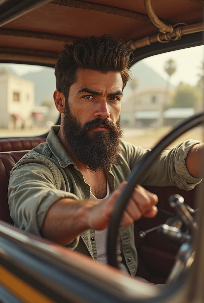 Strong hairy and bearded young mixed race man inside a luxury car, in navy blue underwear, driving, Looking at cell phone.