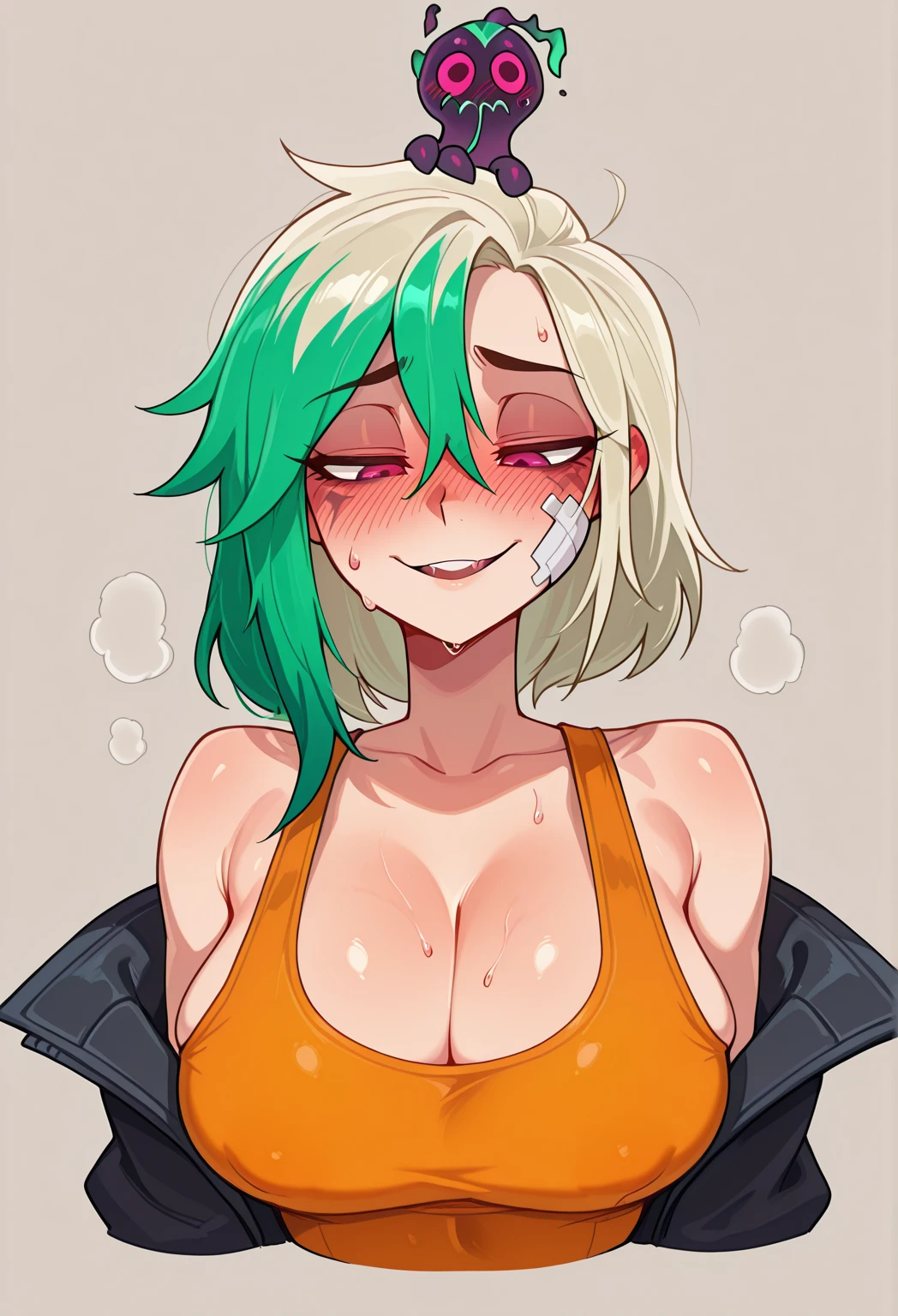 (masterpiece, best quality), 1girl(beautiful face, gwendolyn_tennyson, breasts, naked body, dark skin, gray hair, short hair, green eyes, half-closed eyes),detailed face, evil face, , smirk, parted lips, solo, head tilt,mascara, full makeup, red lipstick, nude, in the bedroom, night time, standing, Sexy waist teasing, come-on, temptation, wet body (sweat, cum), womb tattoos, cumdrip from her pussy
