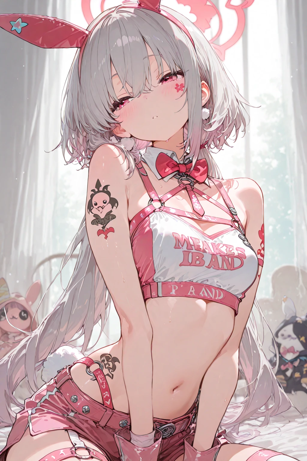 1girl, solo, stuffed toy, twintails, stuffed animal, pink background, upper body, long hair, teddy bear, bow, pink eyes, holding, sparkle, collar, plaid, heart, grey hair, red eyes, white hair, simple background, ribbon, bangs, hair bow, string micro bikini