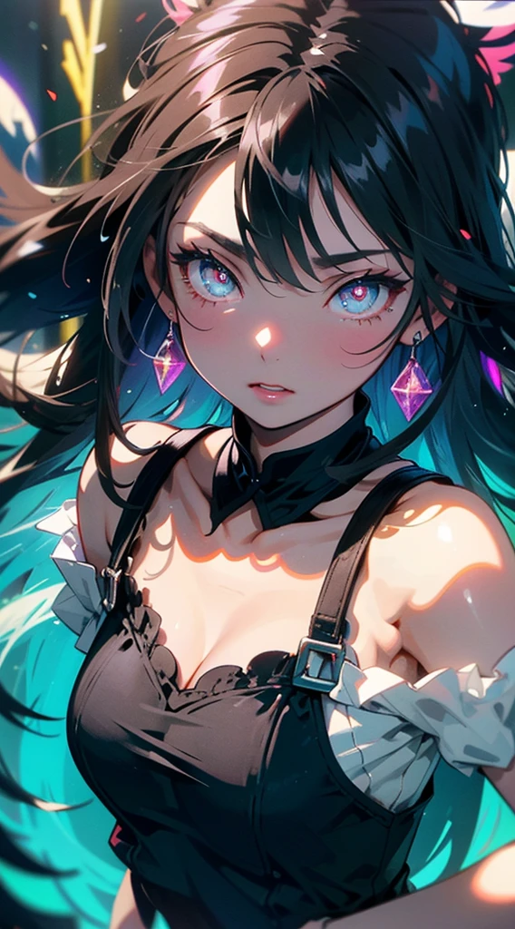 1 Female、Devils Rock Women、Black metallic headphones、An elegant dress inspired by devils and rock music、Shiny black material、Black Hair、Curly Hair、Big droopy eyes、Sparkling eyes、Leaning forward、Perfect proportions