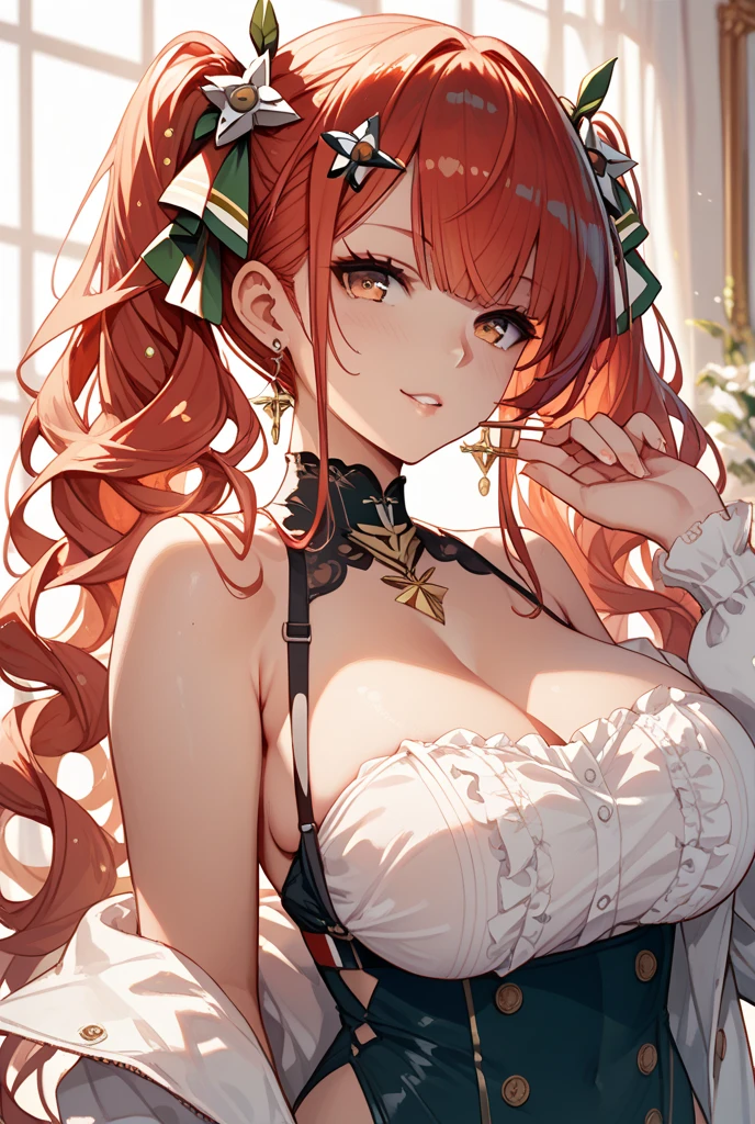 a nude cartoon depiction of a sexy, red haired woman in a maids outfit, 1girl, breasts, solo, green eyes, long hair, looking at viewer, maid headdress, red hair, short sleeves, dress, frills, blush, white background, bow, black dress, simple background, puffy short sleeves, breasts apart, black bow, covered navel, puffy sleeves