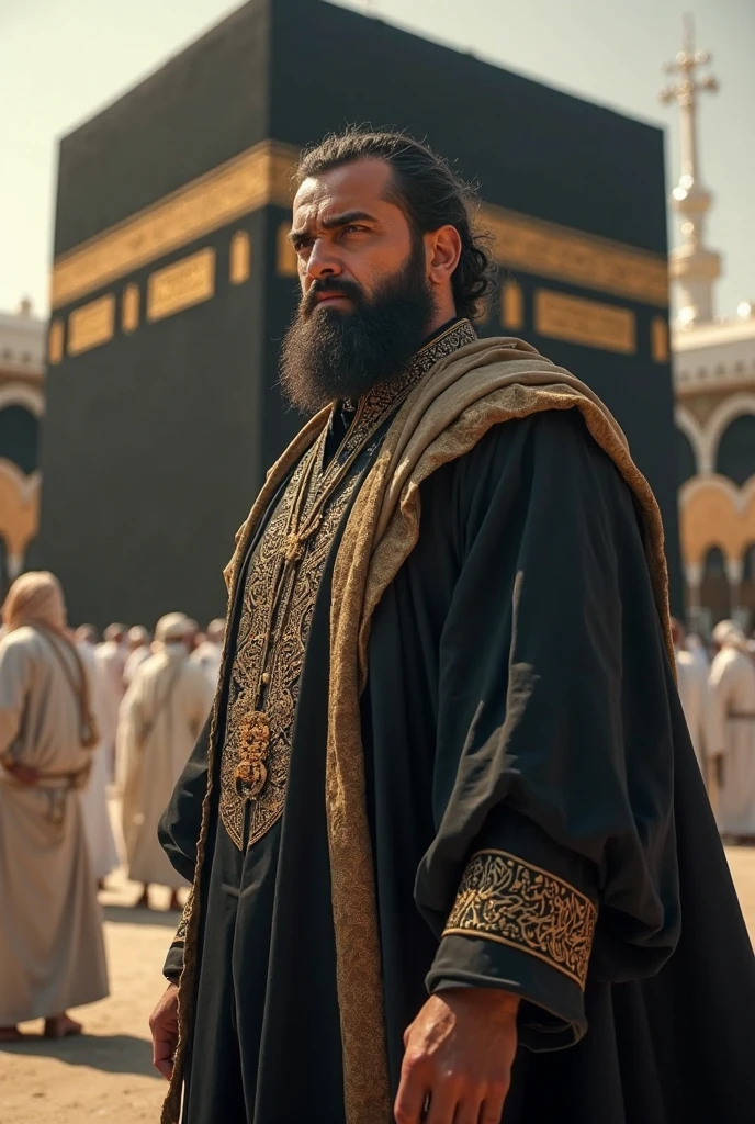A bearded handsome young man is preaching Islam by the side of the Kaaba house in Mecca. There are many people beside him and looking at the young man, the handsome man is standing holding the Qur'an in one hand and holding a sword in the other. He has long hair and a turban.
There will be a picture of Kaaba Sharif in the background. All will wear Arabic clothes.