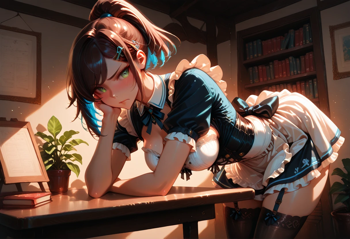 a highly detailed anime-style illustration of a young tsundere imouto (younger sister) character dressed in a classic maid outfit. The character has long, dark brown hair tied into a high ponytail with a blue hair clip, large expressive green eyes, and a slight blush on her cheeks, giving a cute yet slightly teasing expression. The maid outfit is black with white frills, featuring a short skirt, a large bow at the collar, and a fitted bodice that accentuates her curvy figure. She is posed on her knees, leaning forward slightly with her hands resting on a small table or box, emphasizing her stockings and the playful, slightly  angle. The background is a cozy indoor setting with a bookshelf filled with colorful books, some plants, and soft lighting to create a warm atmosphere. Use vibrant colors, smooth shading, and a polished digital art style, inspired by modern Japanese anime and manga aesthetics, with a focus on detailed textures for the clothing and a slightly exaggerated, fan-service-oriented design. --ar 9:16 --v 5 --q 2
