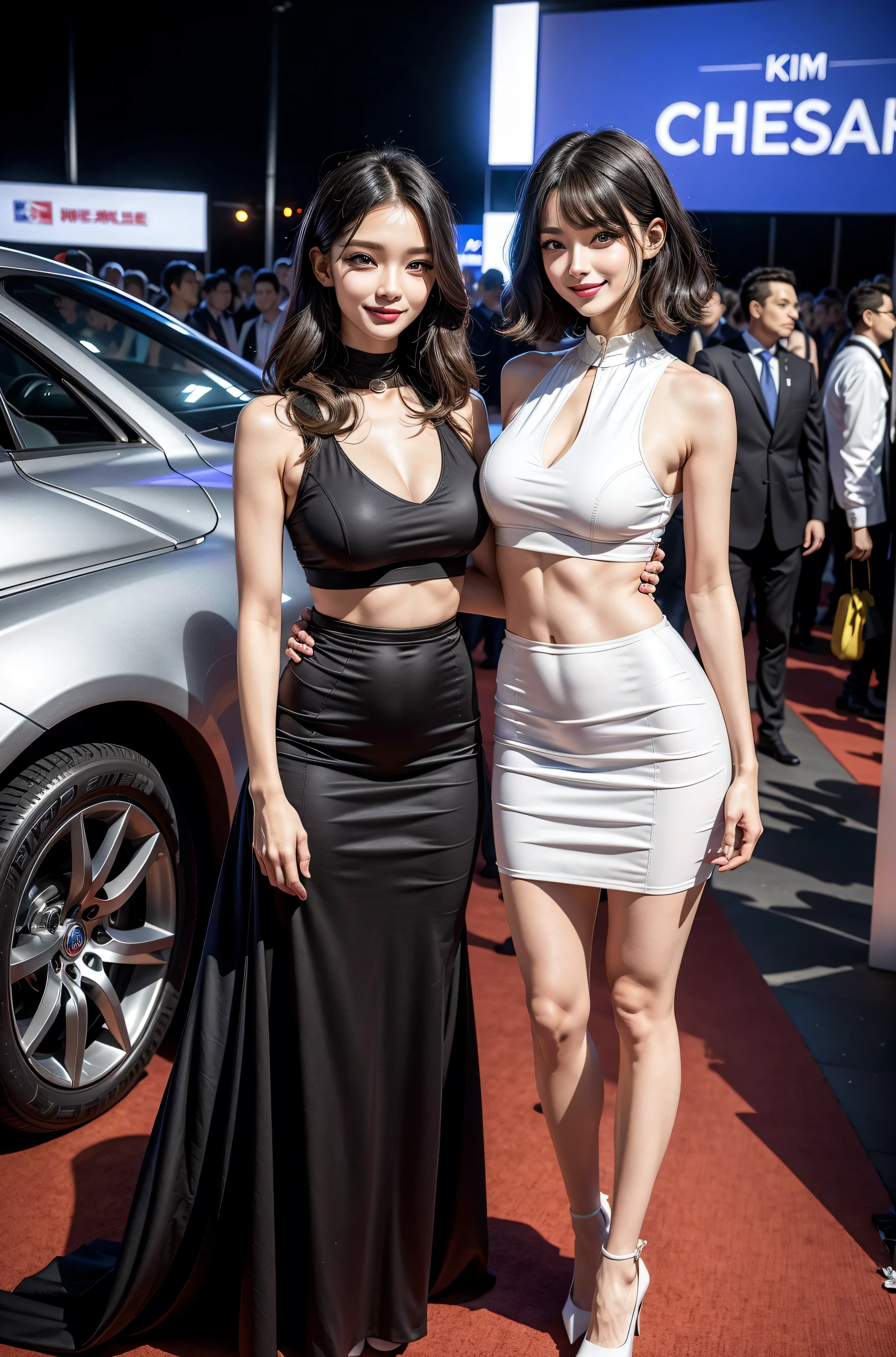 (8K分辨率,Photo above the thigh,Sideways close-up photo),(1womanl,age 22,((Facial features of Thai Min:1.8,s delicate face,详细的脸),(Long hair micro-curls),A confident smile),Fair smooth skin,(Best Skin Type:1.21),busty figure,((Haute couture evening dress),Elongated earrings,Tall and tall,(Stand next to the car,Naturally placed hands),delicate artwork,perfect hand,Ultra-fine clothing material),(Motor show venue,super car,Charming model,Exquisite details of the auto show environment),(Professional lighting,动态照明),((Dignified and elegant,black in color,white colors,red colour,golden colored))),(Golden section,Cinema lenses,Hasselblad photograp,tmasterpiece:1.3),(Auto show model,fashion art,trendsetting,Official propaganda,Art platform)