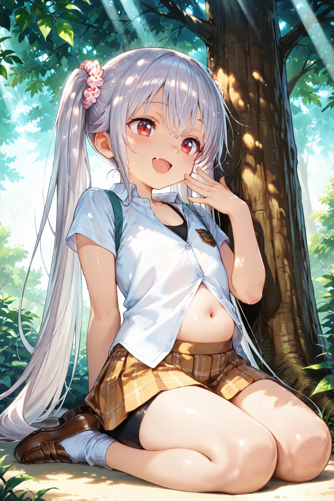  1 Girl, ,Highest quality, Very detailed, masterpiece, Outdoor ,Sitting,Green Eyes, Grey Hair, hair ornaments, bangs, Virtual YouTuber, Shine, blunt bangs, Double Bang, Animal ears, Lens flare, Flat Chest,White camisole,very short pleated miniskirt,Open your mouth,Spread your legs,Sweat,showing panties,pussy line,cleavage ,steam