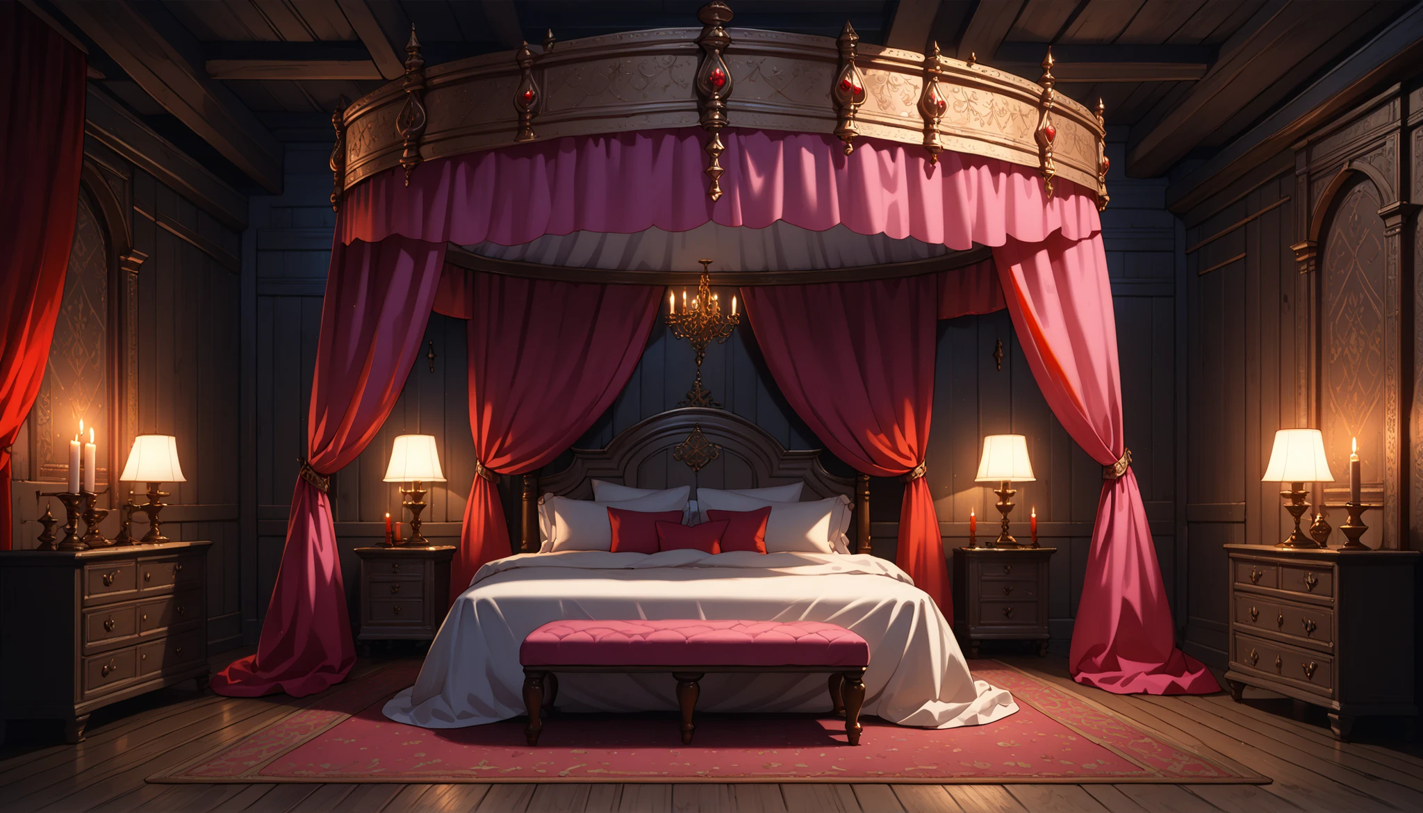 Best quality, masterpiece, ultra high res, raw photo, beautiful and aesthetic,deep shadow, fantasy theme,(ultra detailed:1.3), divine, royal bedroom, indoors, luxurious, canopy bed, full of curtains, pillows, jewelry, candlelight, queen chamber, pink room, ((medieval_brothel)), (dim light:1.4), bedroom, wooden floor, wooden wall, night, red curtains, carpet, window,