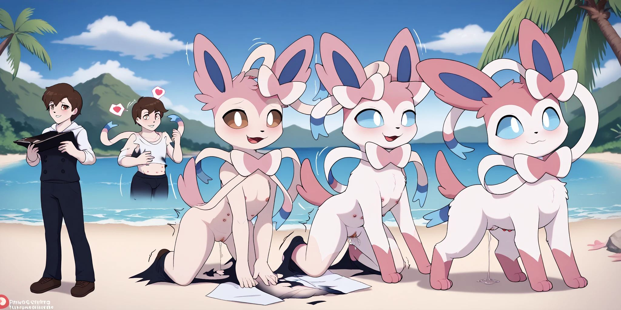 Avali, young male/ young male, shy pose, only wearing pink and white thigh highs, small waist, wide hips, naked, by bebebebebe, cute, standing, light green body, open mouth, close view, duo, bathroom, taking a shower, penis tip, under view