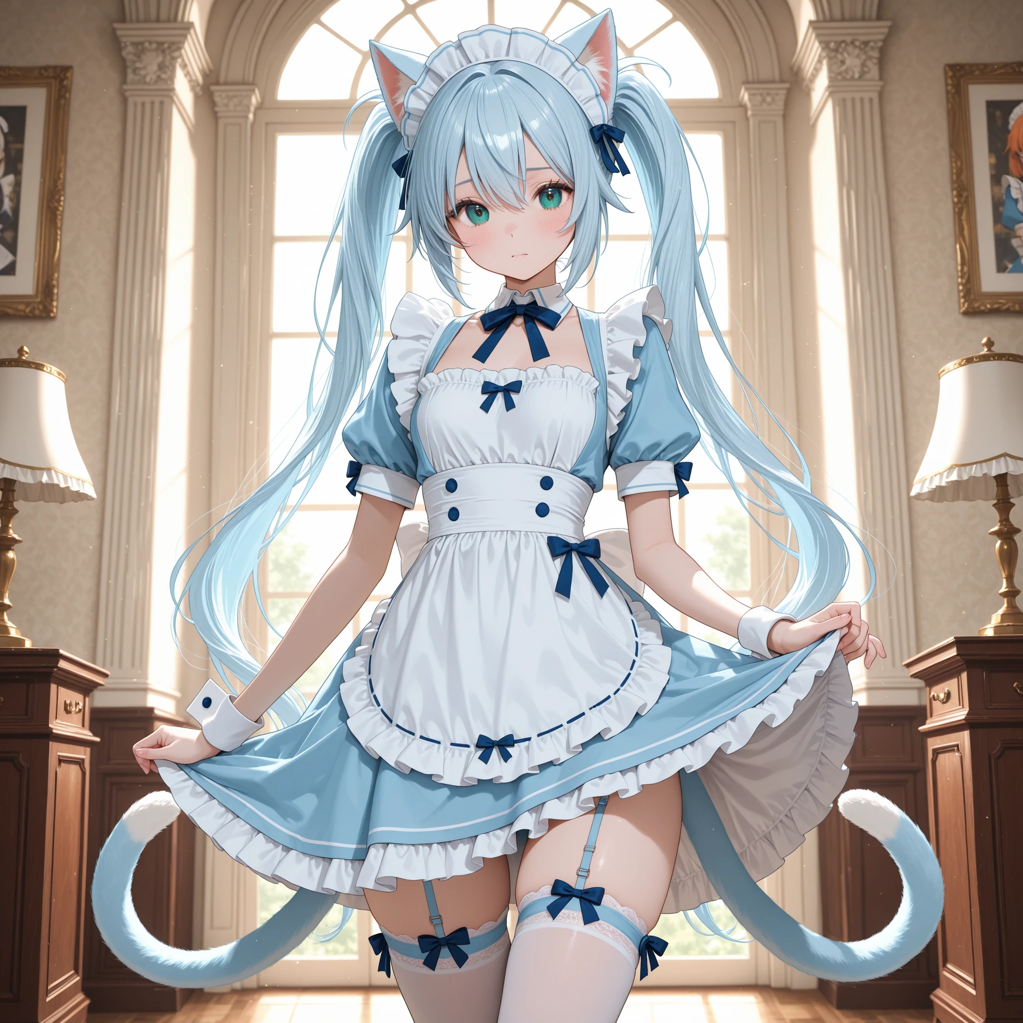 Multi-layered texture, round face, cute, girly, sexy, magical, real, blue cat ears, full body, blue hair, skirt, maid outfit, leg rings