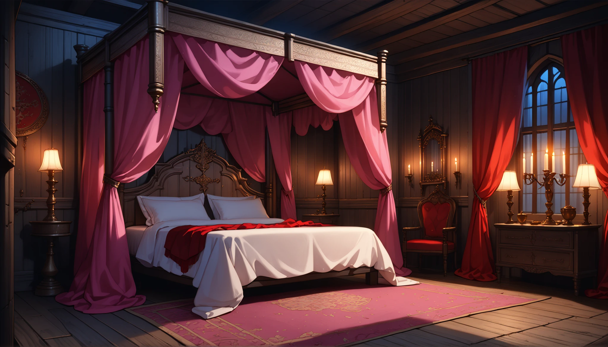 Best quality, masterpiece, ultra high res, raw photo, beautiful and aesthetic,deep shadow, fantasy theme,(ultra detailed:1.3), divine, royal bedroom, indoors, luxurious, canopy bed, full of curtains, pillows, jewelry, candlelight, queen chamber, pink room, ((medieval_brothel)), (dim light:1.4), bedroom, wooden floor, wooden wall, night, red curtains, carpet, window,