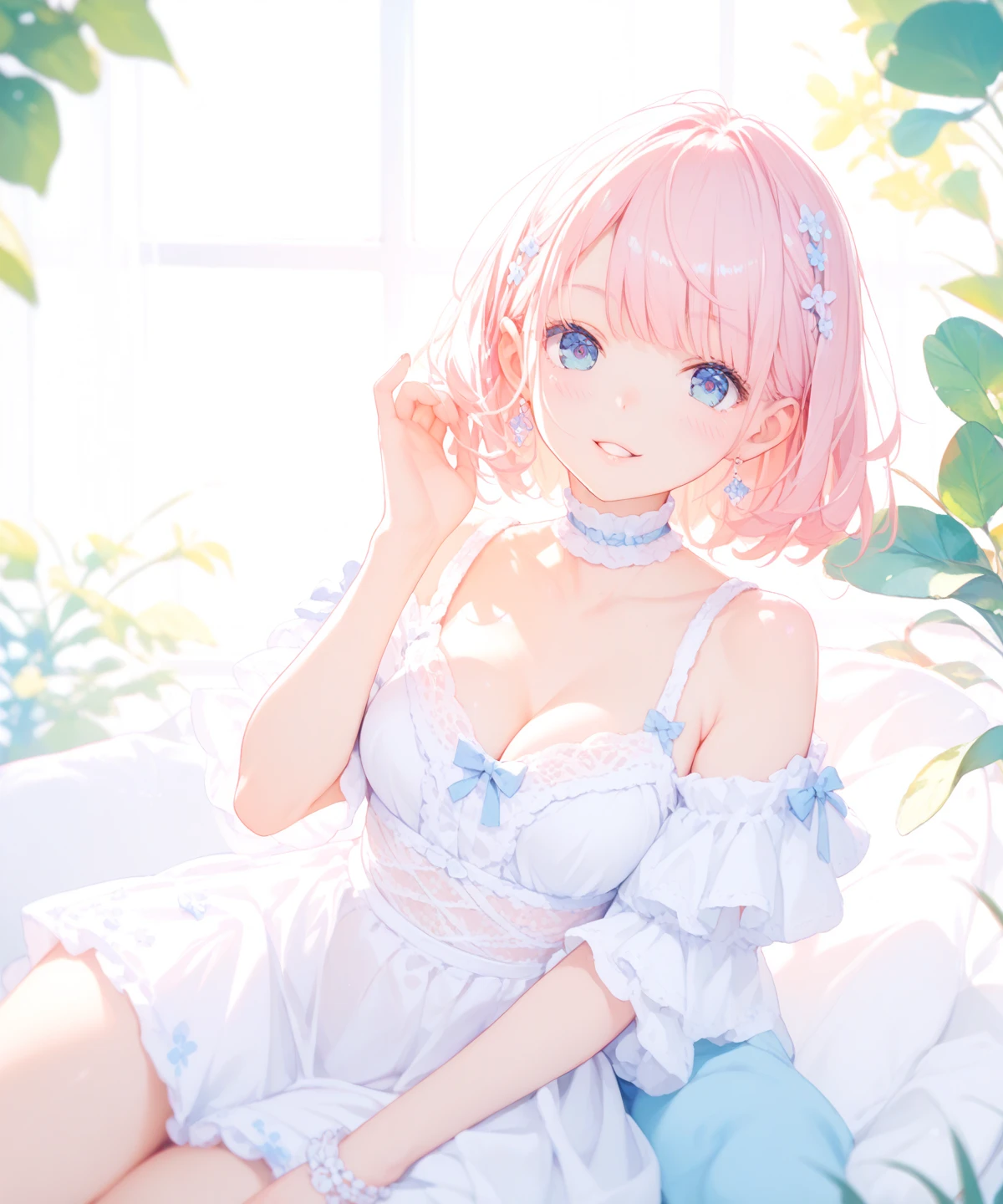 masterpiece, best quality, extremely detailed,(realistic anime:1.4), 8k, (clear focus:1.1), professional lighting,front lighting, (splendid and colorful:1.3), (kawaii little loli:1.5), (lying on the colorful flower field:1.3), (off the shoulder racy see-through on large cleavage:1.5), (kawaii and cute face:1.3), (shy with blush cheeks:1.3), natural makeup:1.5, (light pink bob-cut hair, short hair:1.5), (upper body shot from above:1.3), (perfect childish body shape bad large breasts, high beams:1.5), (cute eyes with eyelashes:1.5), break (natural skin texture,detailed skin,detailed cute glossy lips,ultra sharpness), (intricate details), centered composition,