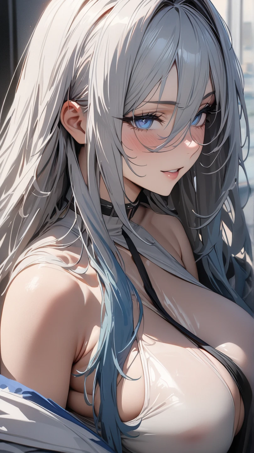 (masterpiece),((Highly detailed long silver hair)),((expressive blue eyes)),(naked),deep cleavage,happy expression,extremely beautiful mature woman, milf,pale white skin,silver jewelry,best quality,cel shading,etherial light,8K HD,highly detaild face, highly detaild eyes,flat color,(close angle),high contrast,ufotable art style,contrapposto,white background