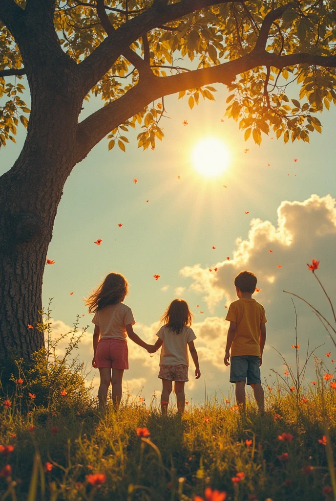 Photos of a tamarind tree with 3 boys and 1 together. ON A BEAUTIFUL SUNNY MORNING