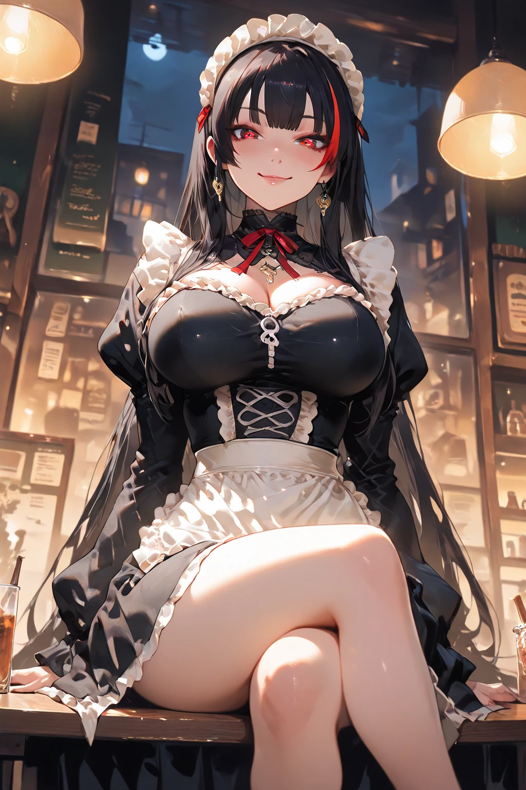 (from above:1.2),(from side:0.9), ((Face)), (Close-Up:0.4), masterpiece,"A 26-year-old girl stands at a bar counter. She is dressed in a stylish off-shoulder dress, sweater dress, off-shoulder sweater, red sweater,garter stocking, midriff, red skirts, black thighhighs, thigh strap, pretty girl, (highly detailed beautiful face and eyes,firm breasts),real skin,((black,hair,long pony tail hair)),thin pubic hair,cute and lovely pose, detailed eyes, This masterpiece is only visually stunning but also tells,(double breasted:0.6,under bust:0.6,cleavage:1.1,),(small breasts:1.2),(perky chest:1.1), (pointed chest:1.3), medium hips, glamorous body,(with sparkling eyes and a contagious smile),open mouth. The bar is beautiful, with colorful bottles of alcohol in the background and a soft glow from neon lights. The atmosphere is relaxed, and the girl looks confident and fashionable.",full body, sexy pose,make a cocktail , in a bar counter, Looking at Viewer,