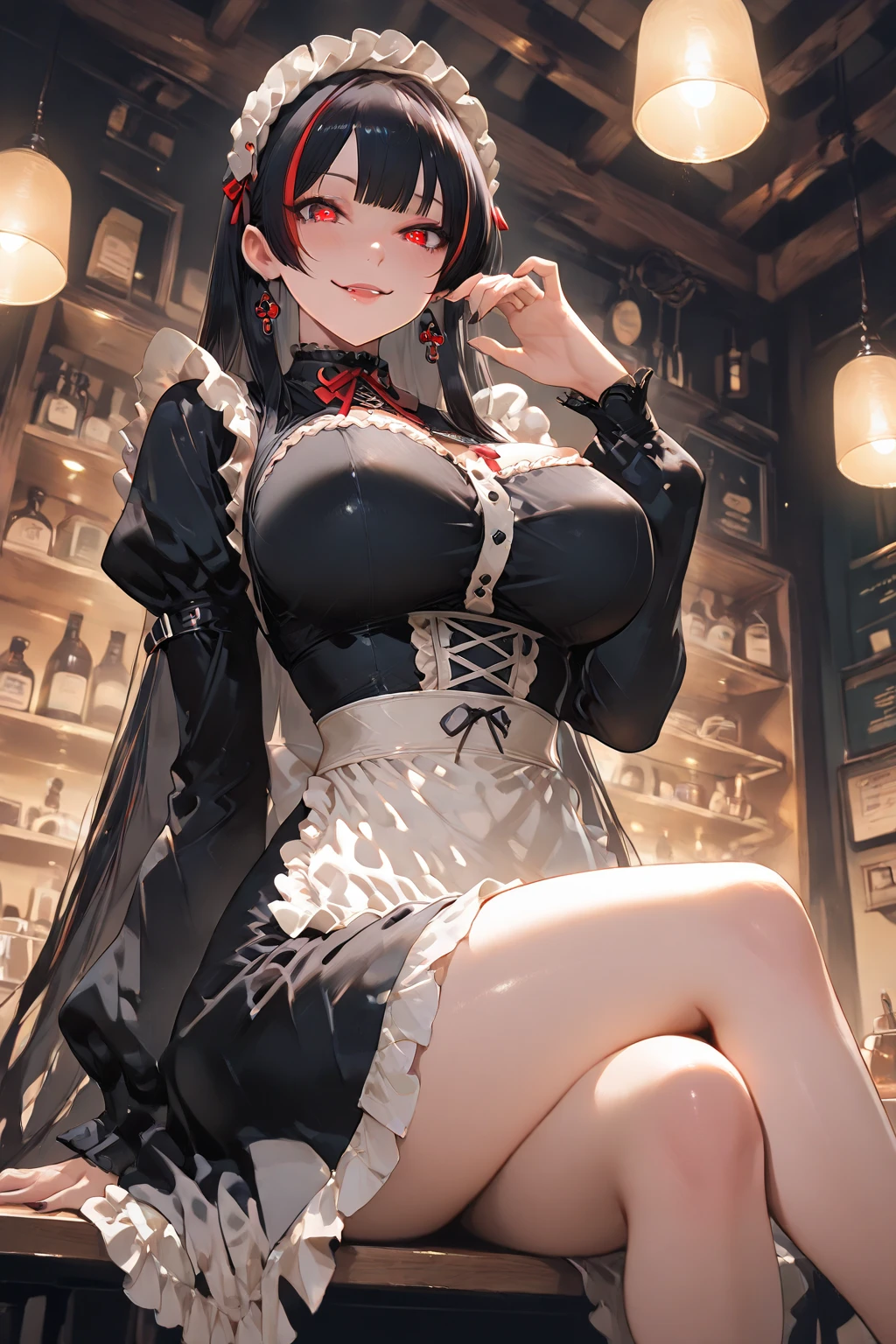 Black double ponytail，Hair curtains。long whitr hair，Pink eyes，Black off-the-shoulder neck coat，Short black leather skirt，Black stocking pantyhose，chiquita，Bad girl，Standing in an antique room，ellegance，huge tit