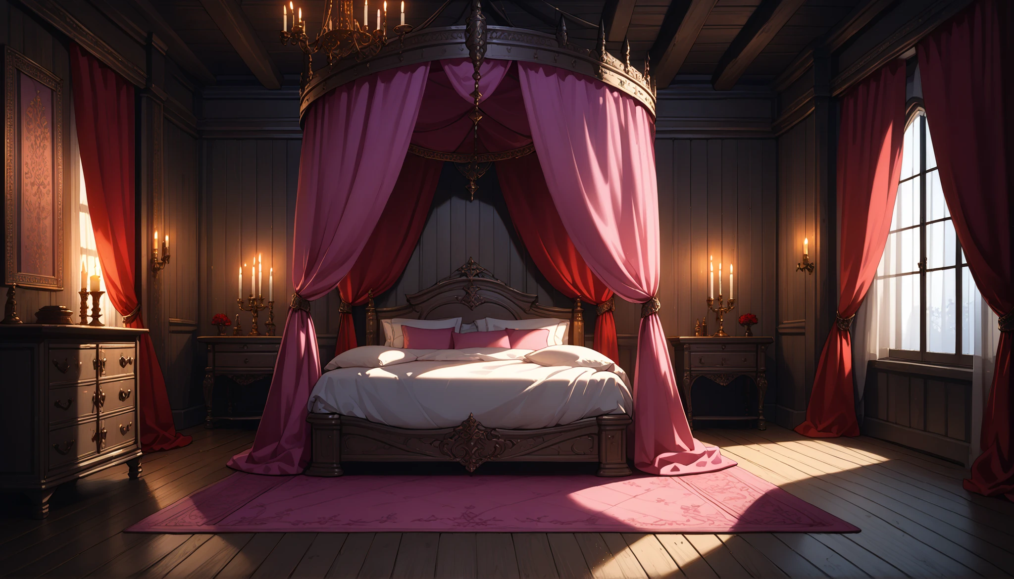 Best quality, masterpiece, ultra high res, raw photo, beautiful and aesthetic,deep shadow, fantasy theme,(ultra detailed:1.3), divine, royal bedroom, indoors, luxurious, canopy bed, full of curtains, pillows, jewelry, candlelight, queen chamber, pink room, ((medieval_brothel)), (dim light:1.4), bedroom, wooden floor, wooden wall, night, red curtains, carpet, window,