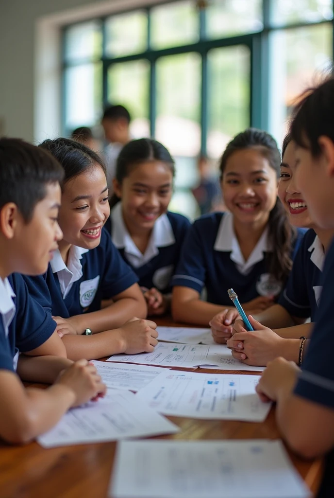 I would like to create two primary school students in Peru who have the gray uniform, white shirt and the insignia of the educational institution 14,408 from Huancabamba, Piura, these children have to be male and female and they have to be writing because I need it to put it on a recognition diploma for having made the best poem
