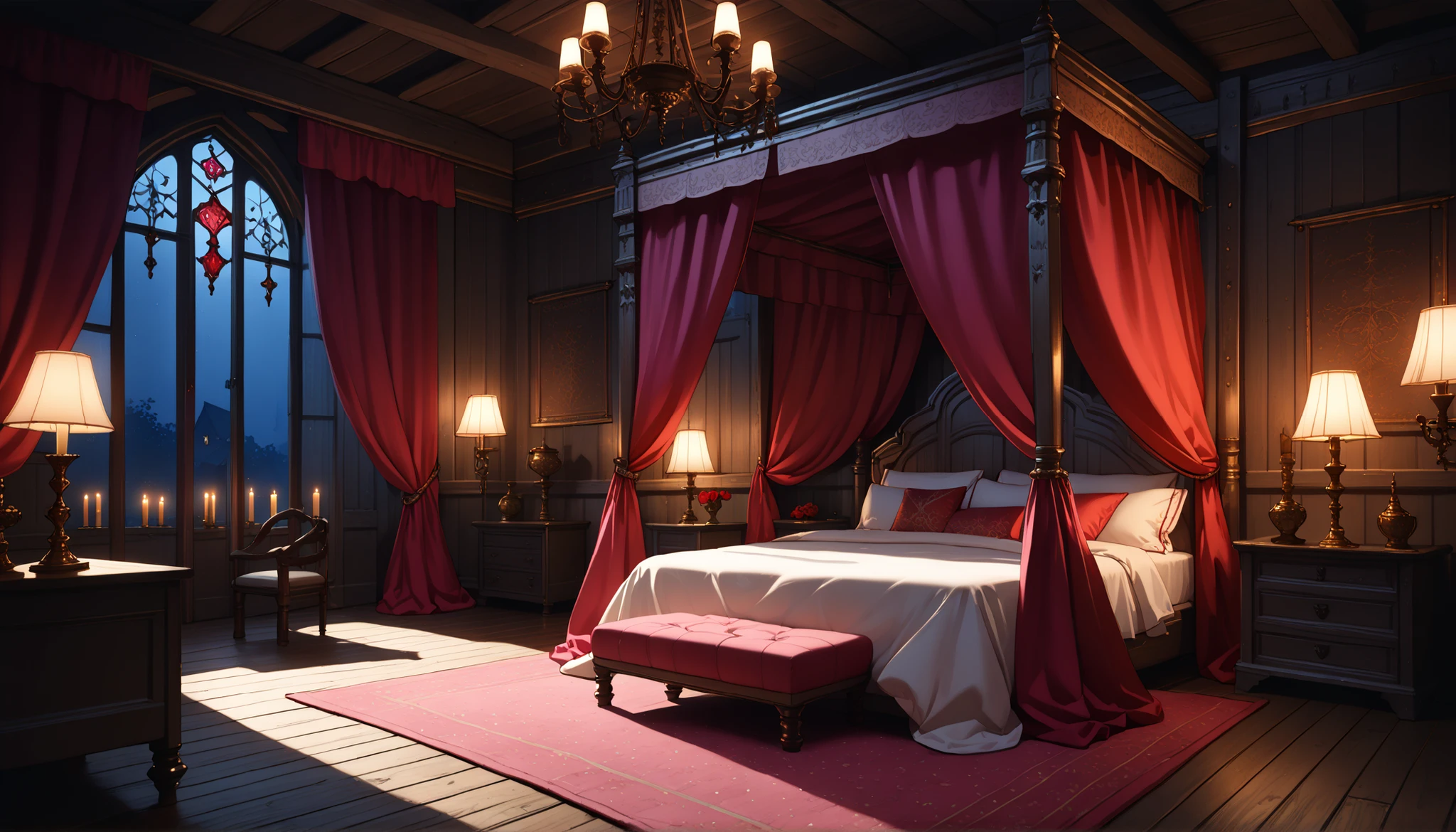 Best quality, masterpiece, ultra high res, raw photo, beautiful and aesthetic,deep shadow, fantasy theme,(ultra detailed:1.3), divine, royal bedroom, indoors, luxurious, canopy bed, full of curtains, pillows, jewelry, candlelight, queen chamber, pink room, ((medieval_brothel)), (dim light:1.4), bedroom, wooden floor, wooden wall, night, red curtains, carpet, window,