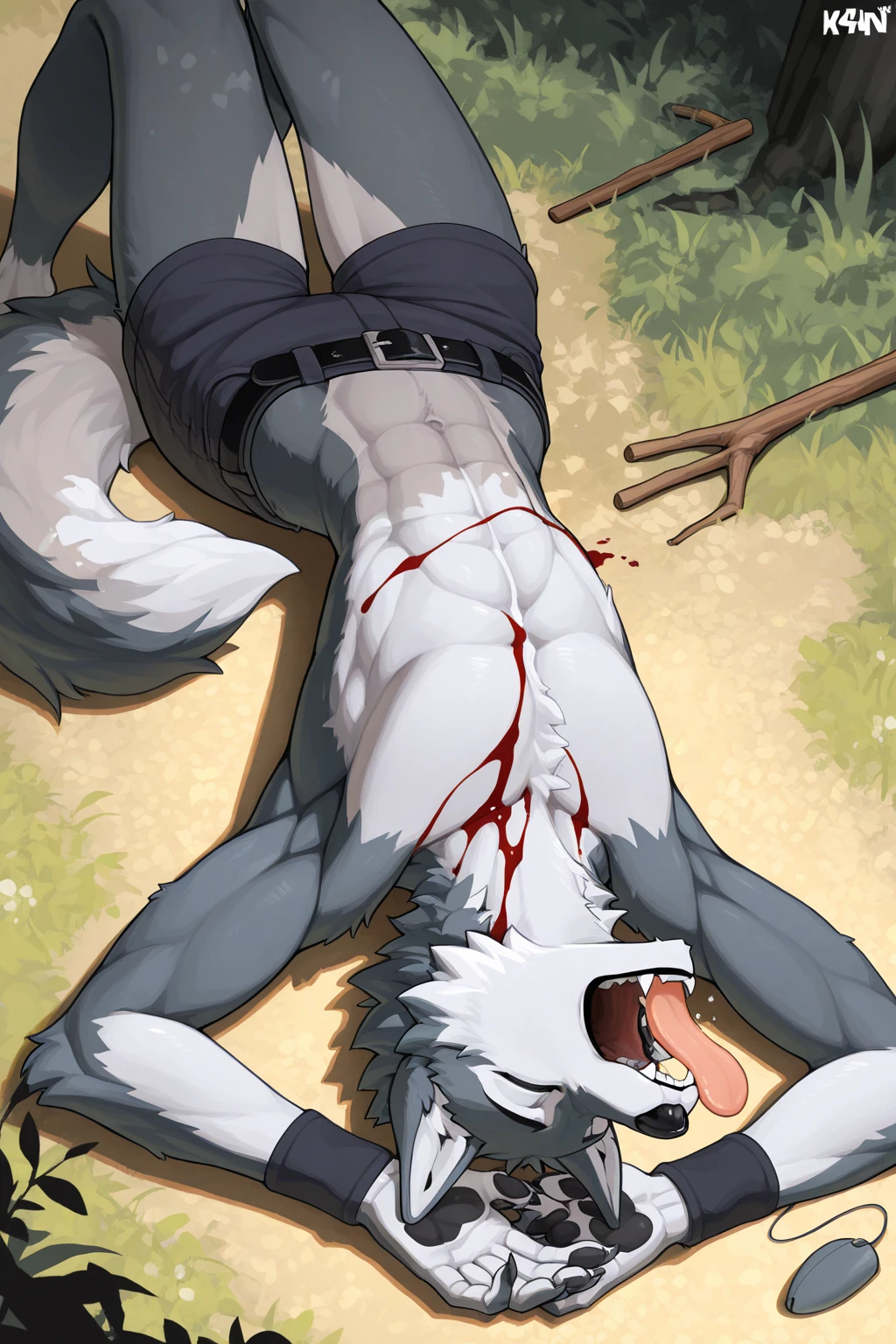 Draw a werewolf,16 years old,Lying on the ground,Legs straight,red liquid on face,Topless,Bare paws,Wear black trousers,There are wounds on the body,Fainted from pain,Being painfully knocked down in the ring,Stomach,Eyes closed,Knife in the chest,Open mouth naturally,Red liquid near mouth,Stick out your tongue,Legs and hands are bandaged,Keep your legs straight, There's red liquid all over the floor,masterpiece,Furry Art,Animal Art