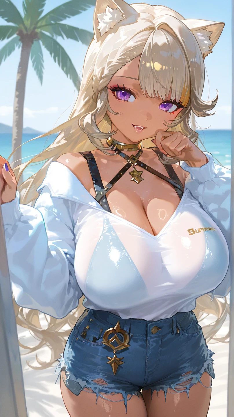 Very detailed、Highest quality、Best image quality、masterpiece、8k、Sparkling blue eyes、Anime Face、A kind smile、(Open your mouth)、(Blonde long hair:1.5)、(SFW Giant:1.5)、(Big Tits:1.9)、ckundies、Cowboy Shot、(White sports thong:1.5)、(highleg:1.8)、(SlightMuscle、Bulky、Bodybuilder、hyper muscle)、(necklace)、(My bra is turned up:1.5)、 panties