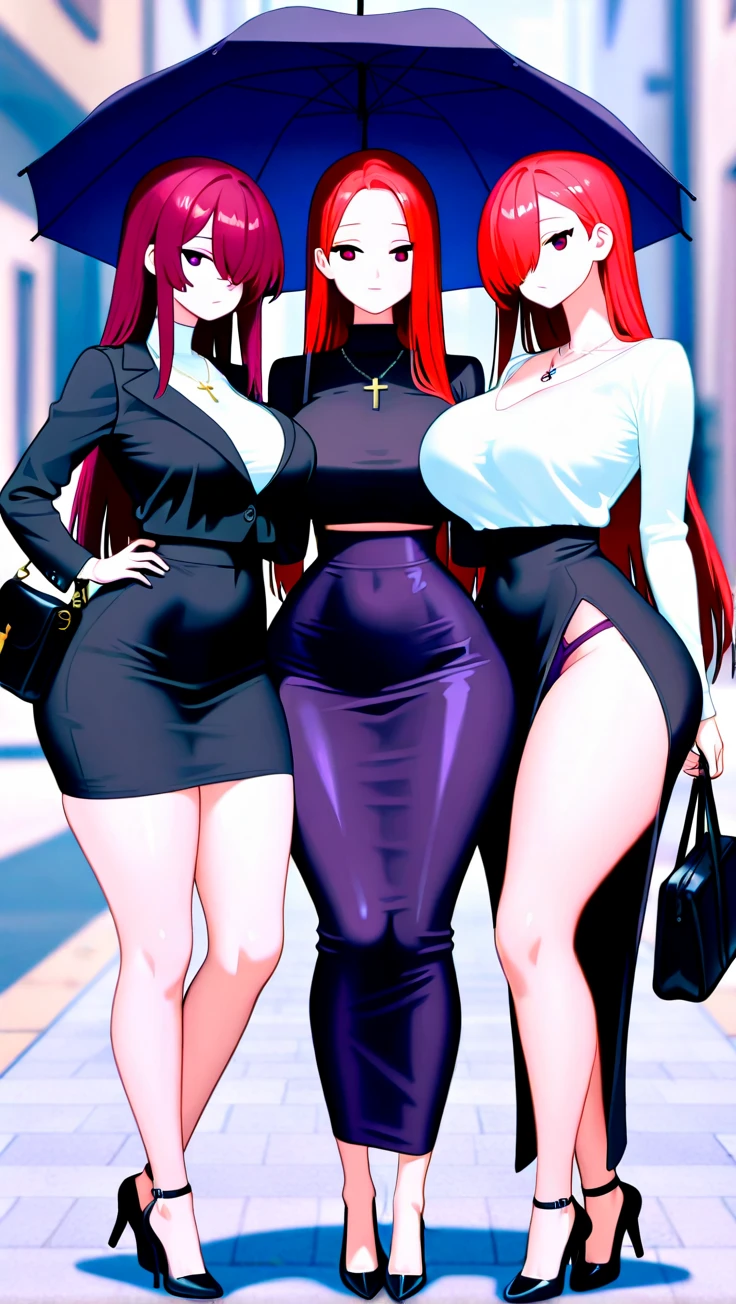 masterpiece, best quality, high detail, soft light, 3girls, three beautiful women posing together, long wavy hair, red hair, pink hair, purple hair, unruly hair, hair curls, large bust, cleavage, black bra and maxi pencil skirt, long skirt:1.28, sandals, collarbone, midriff, belly button, hip bones, beach, full body, from below, atmospheric perspective, light smile,
