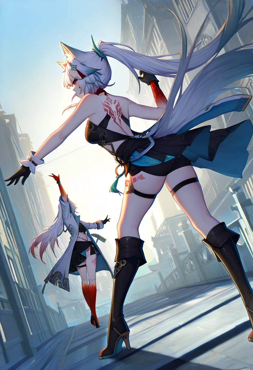 (8k, Realistic, RAW Photos, Highest quality, (from below:2), View your viewers: 1.3), (Fox Girl, Fox Ears, Silver Hair, One Girl, Long Hair, (Alone on the screen, dark skin), High definition:1.6), (Bikini Armor:1.8), (Body measurements are 99-55-77!, Height: 145cm, Nice body, Big Breasts, slender, muscle, (Stand with your legs apart, I can see the valley):1.9),(美しいface, Delicate drawing, It is written down in detail), Avatar, face, 色っぽいface, Dominant representation, naughty face, Uplifting, Skin Texture, outside, ruins, Ruined City, Broken Building, There are no people