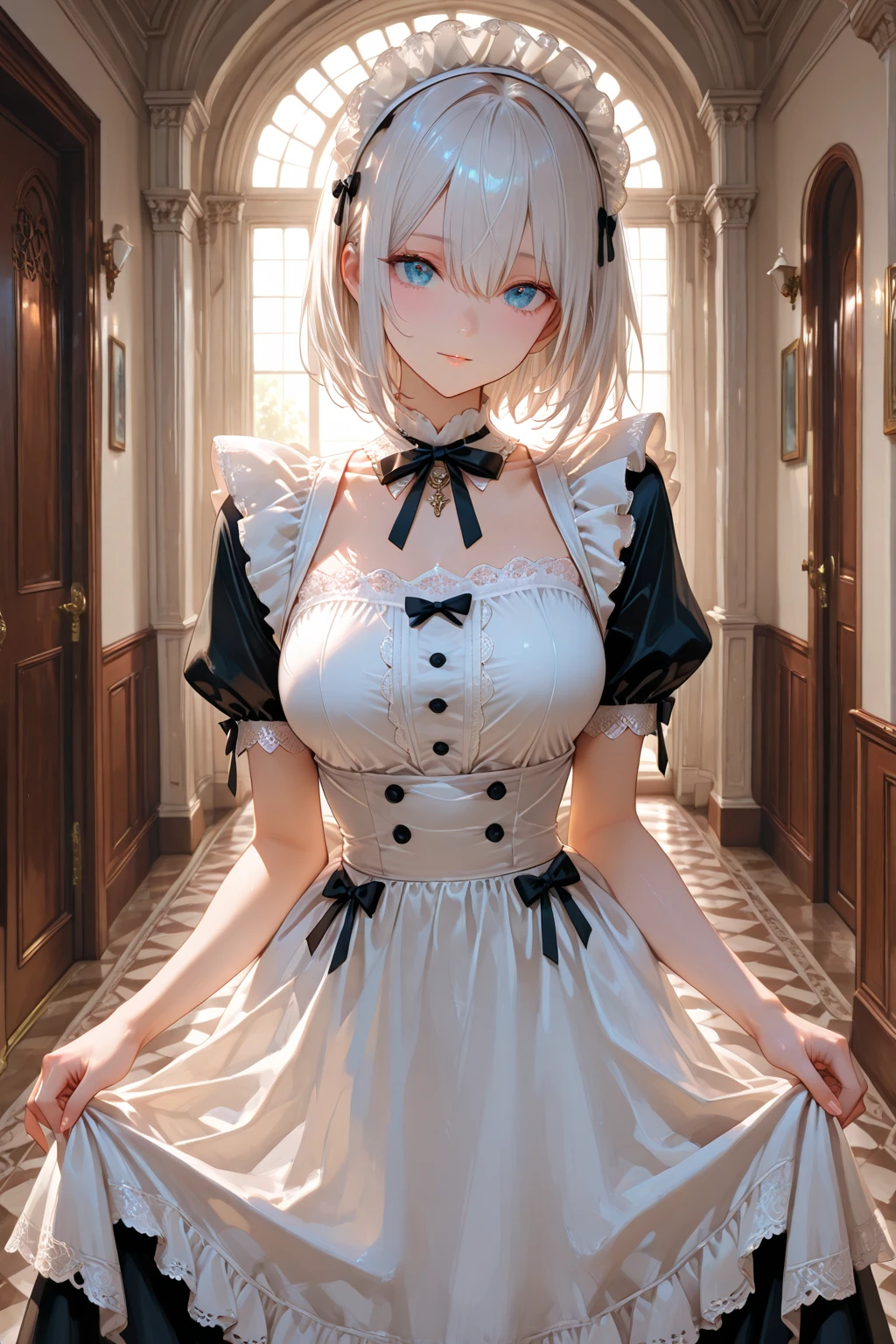 One girl,masterpiece,Highest quality,Blonde,stockings,Checked skirt),Short skirt JK,,Are standing,In total length,Medium chest,Very detailed,[[Realistic]],Beautiful and attractive anime teen,Enchanting anime girl,Swinging skirt,blue eyes, hair ornaments, Hair Ribbon,Show your forehead、Twin tails、Random color school girl uniform、Lace choker, short hair,,No bra,,Very detailed肌, Realistic texture、Very detailed顔, (Beautiful Fine Eyes, ,The girl has a toned figure., Intricate details,Closely、Embarrassed expression、blush、Shining Sweat、Perfect Skin,Sweat is noticeable in the cleavage、Sweating on thighs is noticeable、 Fair skin,Tight waist, Sweating profusely、Sweaty hair、Sweaty clothes、Sweaty、Visible sweat、Sweat-soaked hair、Athlete System、Cherry blossoms fluttering down、Silver Hair、Night cityscape。Reflection of light、moonlight