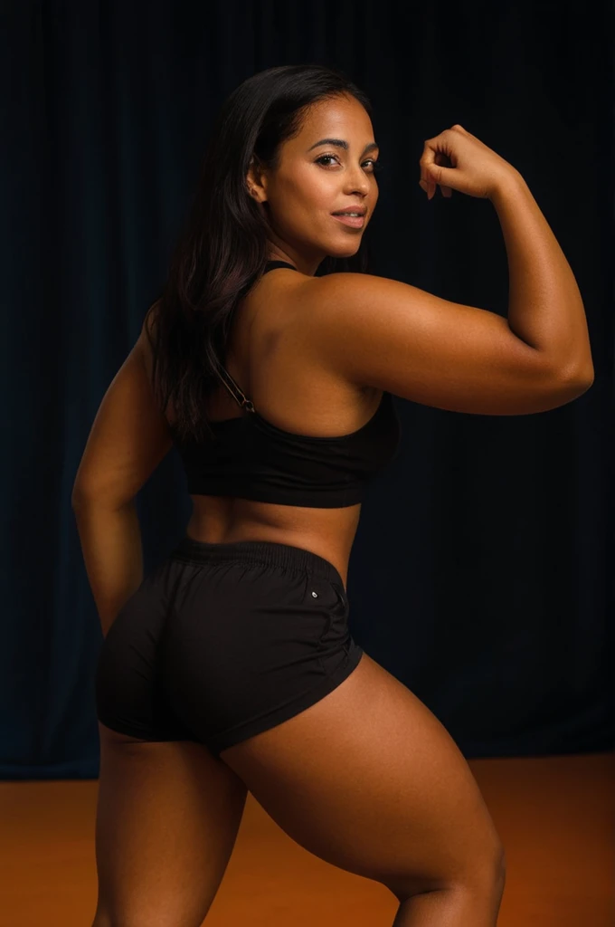 A photorealistic image of a large breasted dark skin woman wearing tight athletic shorts and sports bra doing a athletic style photoshoot. Rembrandt lighting. Glowing skin afro puffs and freckles. Slightly side profile shot. Highlighting ass. Legs slightly spread showing gap.