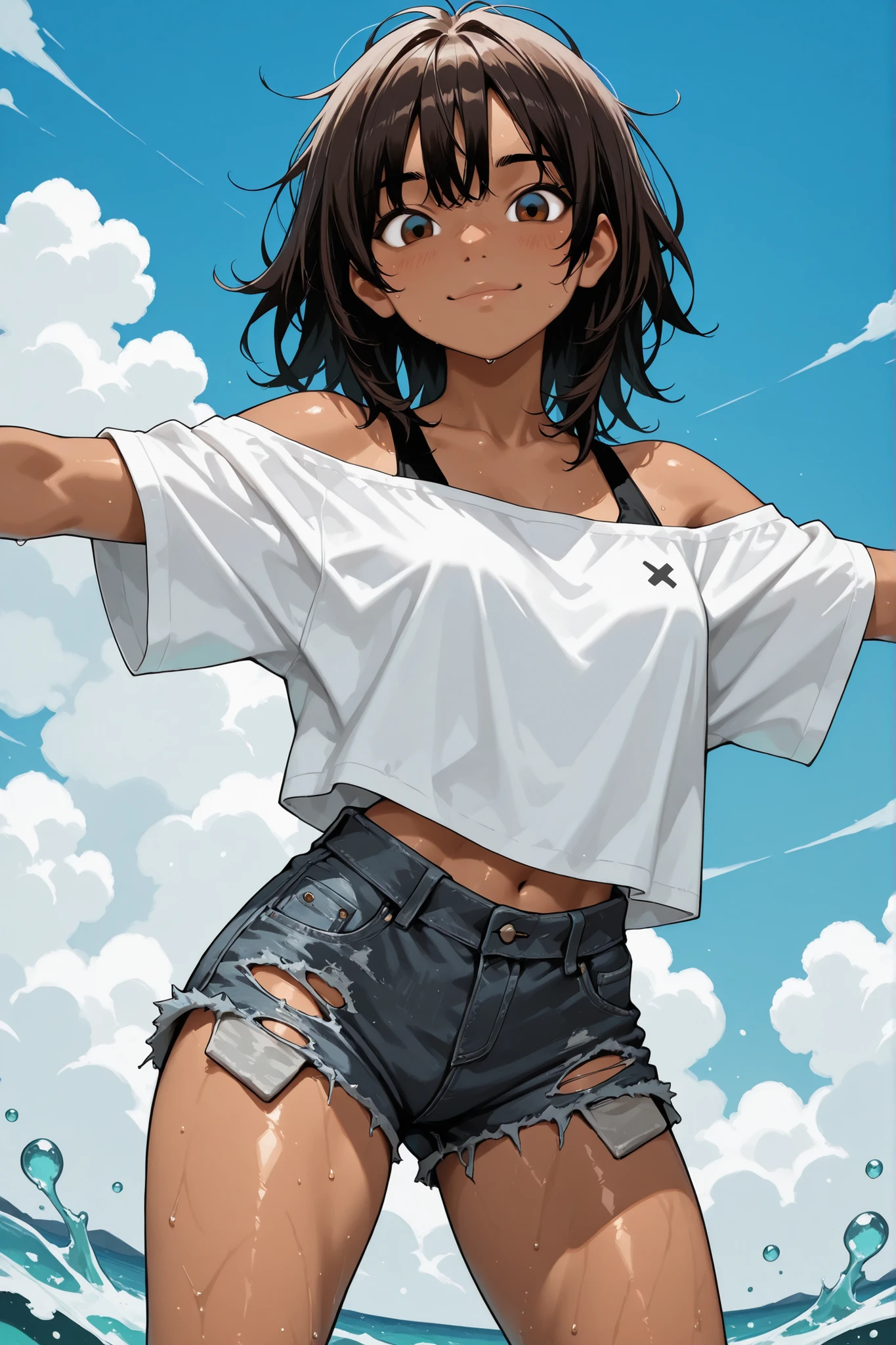1girl,Super Detailed,absolute resolution,(dynamic angles),(tanned skin:0.5),(tanlines:0.3),portrait,(pinup),cowboy shot,looking at viewer,standhing,legs apart,outstretched arms,oversized white off-shoulder crop top shirt,(untucked shirt),torn denim short shorts,(barefoot),(detailed and beautiful face and eyes),dark brown big eyes,(Bulbous Nose:0.3),Japanese girl,black shiny hair,(healthy body),(muscular calves:0.3),(Short Height),(small breasts:0.5),medium hair,wolf-cut,[[messy hair]],(wet hair:0.5),(Flowing Sweat:0.5),,(blush:0.6),(nose blush:0.6),(Bright smile:0.8),(Crystal-clear sea against a blue sky with white clouds),