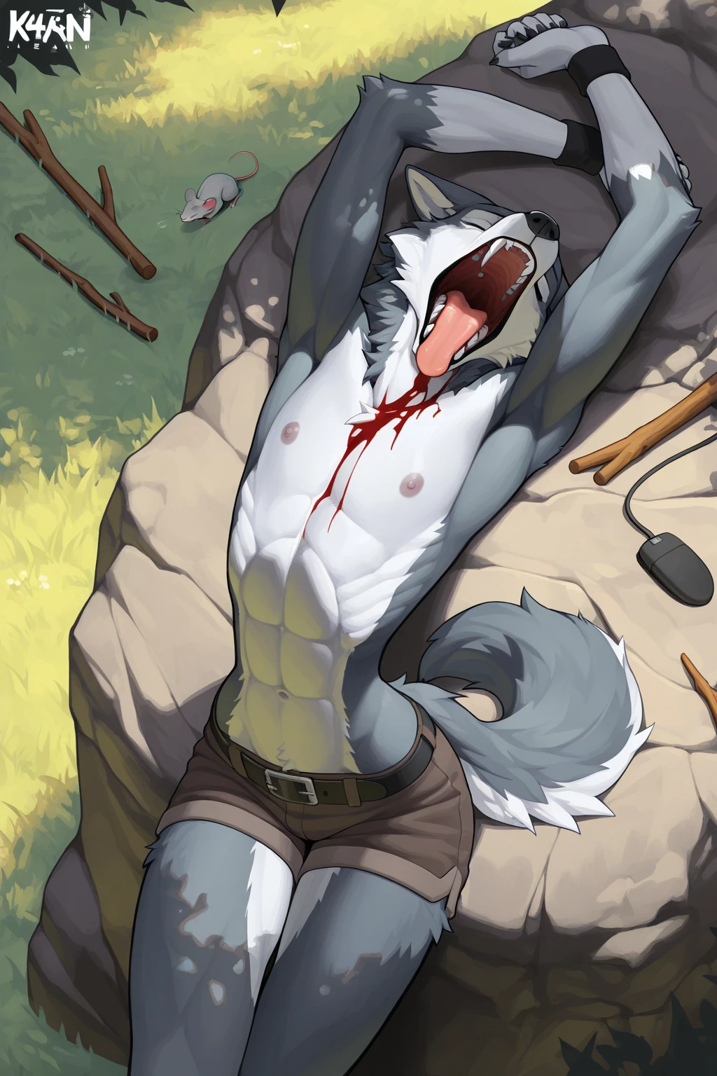 skull dog, scp 1471, male, horny, pincing pinching viewer down, scp 1471 looking at viewer, drooling, dripping saliva on viewer, naked, laying on viewer, penis  inside viewers anal , viewer looking into dominats scp 1471 eyes, viewer have knotted penis, animal genitalia ,gay