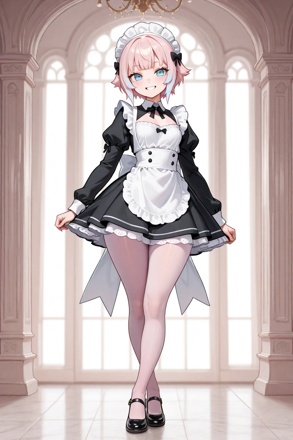 masterpiece, best quality, highres, ram1, 1girl, solo, ram \(re:zero\), pink hair, white thighhighs, short hair, red eyes, hair over one eye, ribbon trim, hair ribbon, x hair ornament, frills, maid headdress, waist apron, garter straps, black ribbon, small breasts, long sleeves, white apron, neck ribbon, purple ribbon, wide sleeves, hair flower,