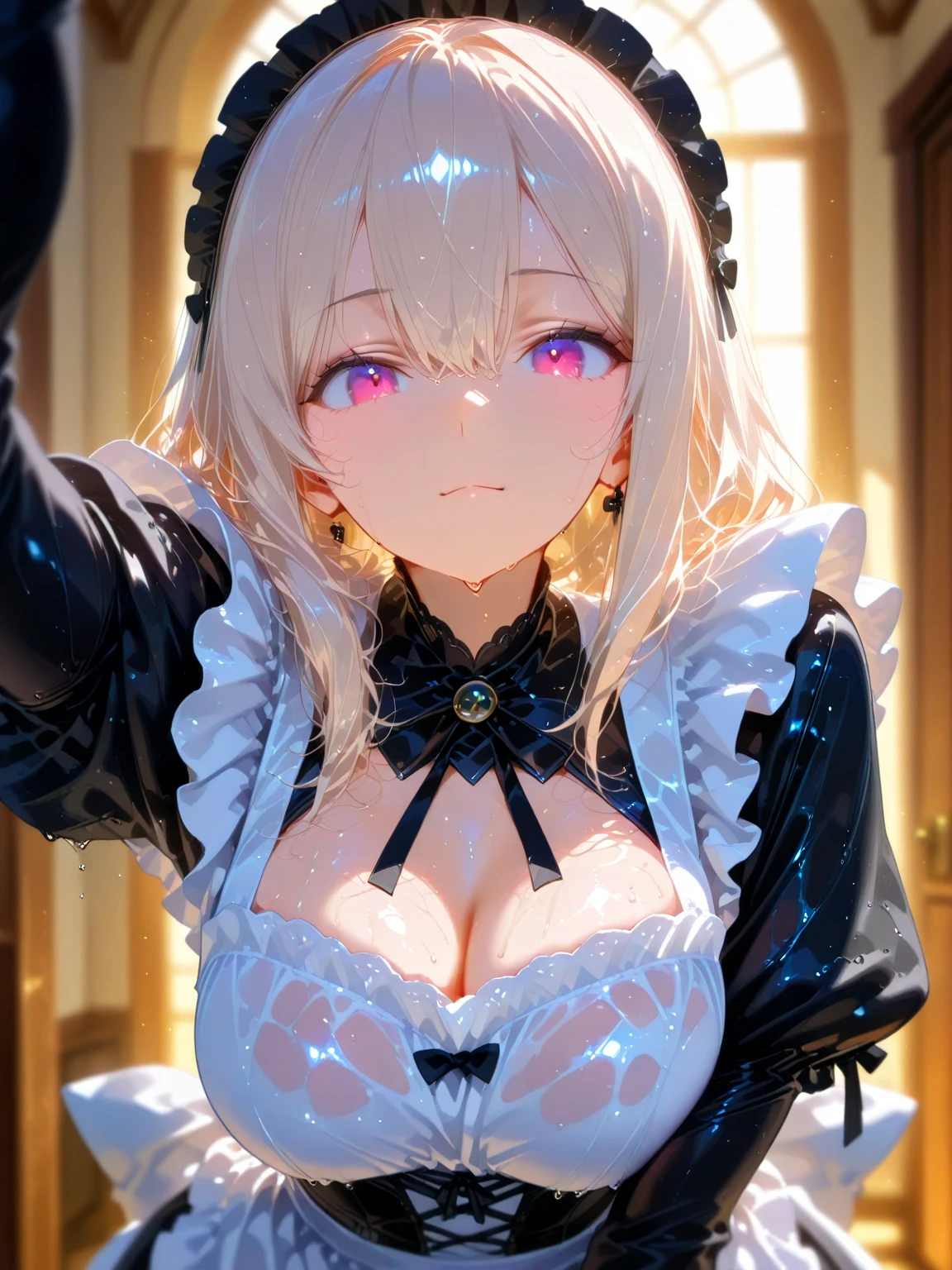 ((nsfw:1.2))((dress_default, terrific_default)):1.5,((独奏, 1girl)) ((masterpiece,Highest quality,Highly detailed images,Beautiful images、Realistic、Dutch Angle)), (Bright lighting overall、Backlight、A fantastic atmosphere、Thick Fog、Dust flutters),(Dynamic pose、Looking up、Beautiful cleavage、large breasts)1.2, ((Beautiful starry sky:1.5、shooting star、Rooftop:1.2))((Flipping the fabric on the chest、Pick up clothes、One pink nipple is visible、Shy expression, shirt tug:1.5))、Black sleeves