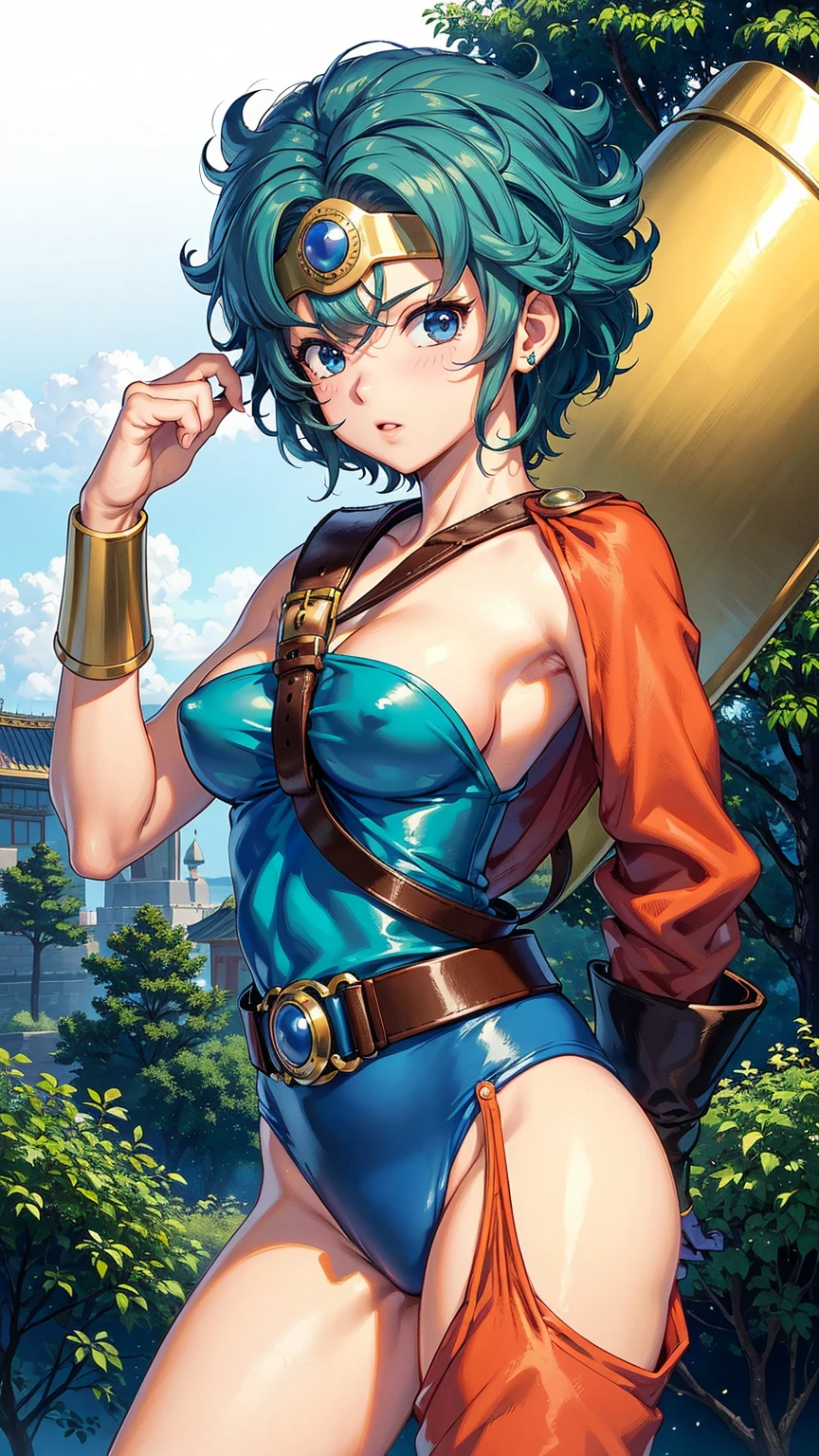 (masterpiece, best quality:1.1), (sheathed weapon on back:1.2), broken (dq3), 1girl, 独奏, short hair, brown hair, Blue eyes, circlet, ?????????????, cleavage, strapless, blue dress, purple cape, thighhighs, elbow gloves, boots, belt, scabbard,, knee boots, simple background, (((Colorful)))、Bright、Accurate depiction of every detail、Noise is kept to a minimum、photograph、Clasp your hands in front of you