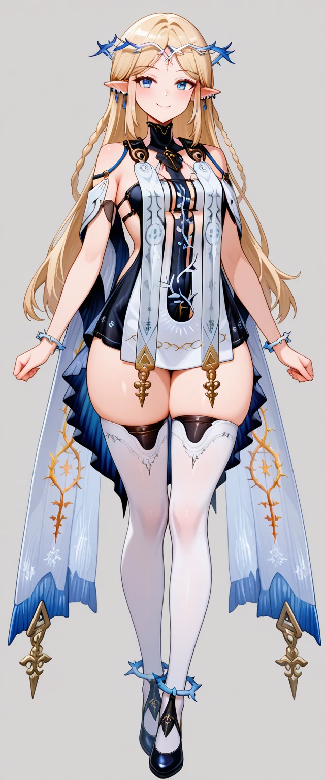 1 girl , long dark blonde hair, slim build, wavy hair with knee length curls, small face, sectoral heterochromia one gray eye and one light purple eye, star ribbon on the right side of the hair, She has a short double braid on the left and right side of her head...... , extremely detailed face, Beautiful detailed eyes, beautiful detailed lips. 180cm tall woman, adorable, extremely detailed legs, (Best Quality, 4k, 8k, high resolution, Masterpiece: 1.2), ultra detailed, Exquisite and epic character art...., Amazing modern character trending theme.... ((character design sheet: front view, back view, side view, three quarter view)), Black platform heels, Elegant Ruffle One Piece Long Dress. black shoulder length gloves with gold star design. light gray belt with a large ribbon with violet heart buckleblack necklace with heart emblem on the neck. (It has black serval ears with gray and purple on the top of its head.)...., (It has a star-shaped succubus tail that extends from the back of its hip.)...... (wide hip). (She wears a black halo with purple star patterns that shines)... (big breast size). (Black and silver knee-length mechanical legs with purple star print), (mature woman)