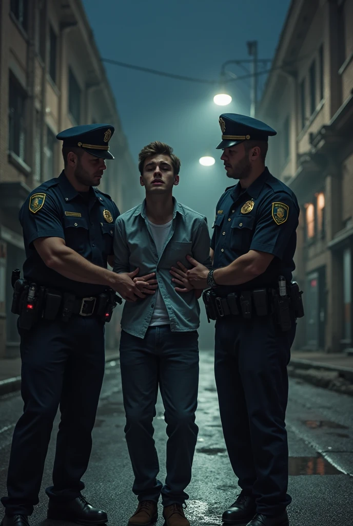 Young white and blond man being arrested in navy blue underwear by an armed police officer inside a public restroom.