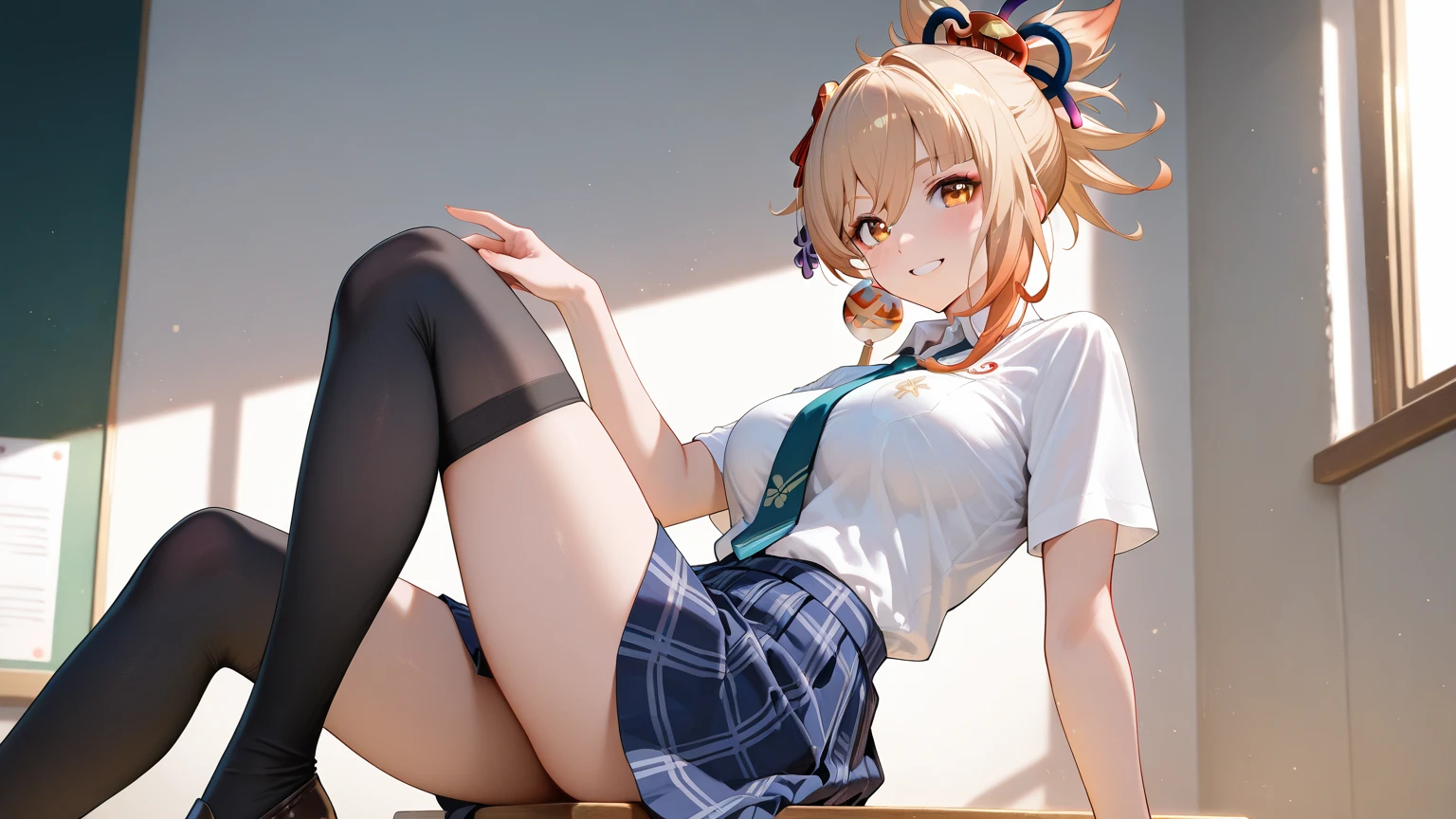 (master piece, best quality), 10 year old girl, , ,  bitch, School uniform, Upskirt, printed bikini, lying on the desk, butt from behind, small bottom, classroom, shy smile, Amusement, volumetric lighting, sunlight shines, Cat ear、blonde hair、big breasts、smile、Open your mouth and laugh
