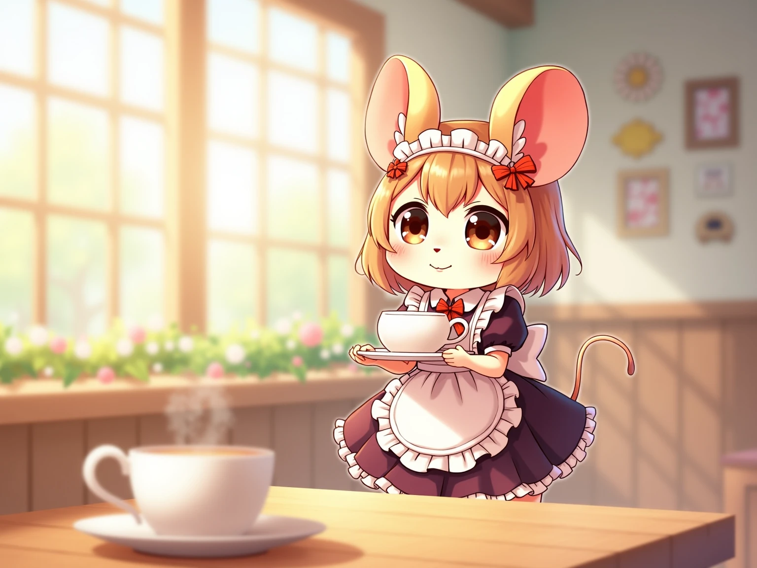 solo,hair bow,socks,dated,white hair,animal ears,tongue,tongue out,shoes,white background,cup,tray,2024,puffy sleeves,teacup,blue eyes,white apron,short sleeves,full body,one eye closed,collared dress,maid apron,painting \(medium\),apron,short hair,highres,white socks,maid,pink footwear,watercolor \(medium\),dress,traditional media,pink dress,pink bow,mouse ears,food,maid headdress,sakyou kujira,bow,puffy short sleeves,holding,looking at viewer,absurdres,simple background,1girl